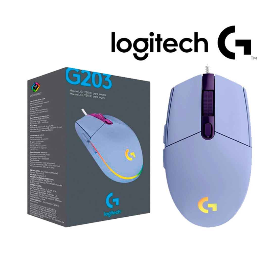 MOUSE LOGITECH G203 LIGHTSYNC OPTICAL 8000 DPI RGB CON CABLE LILA - 1