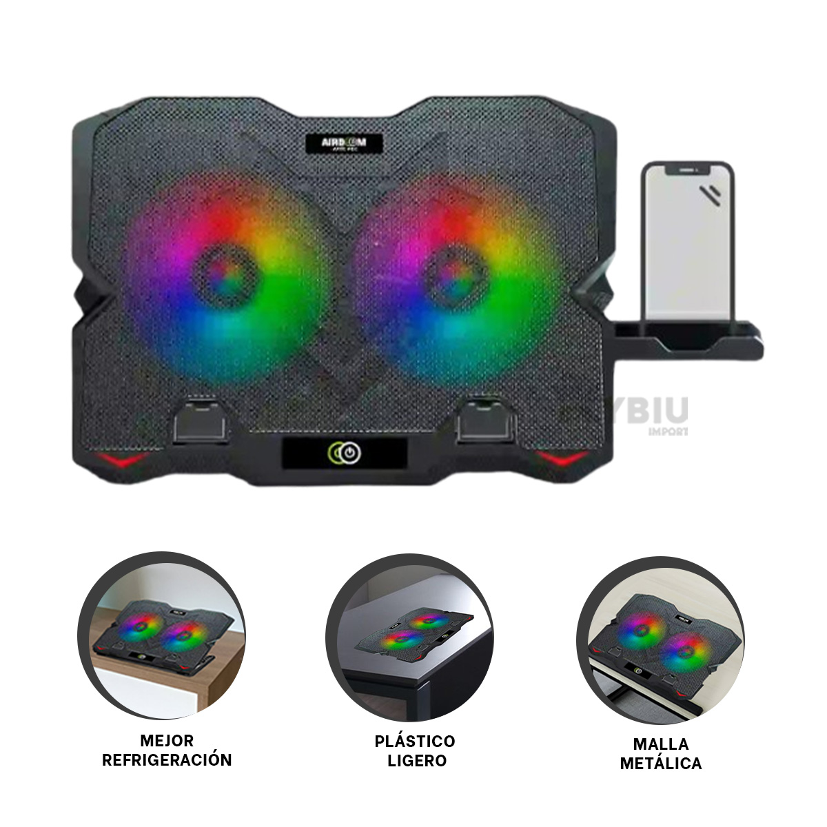 COOLER RYBIU PLASTICO CON PORTA CELULAR CON 2 VENTILADORES NEGRO AB005H - 4