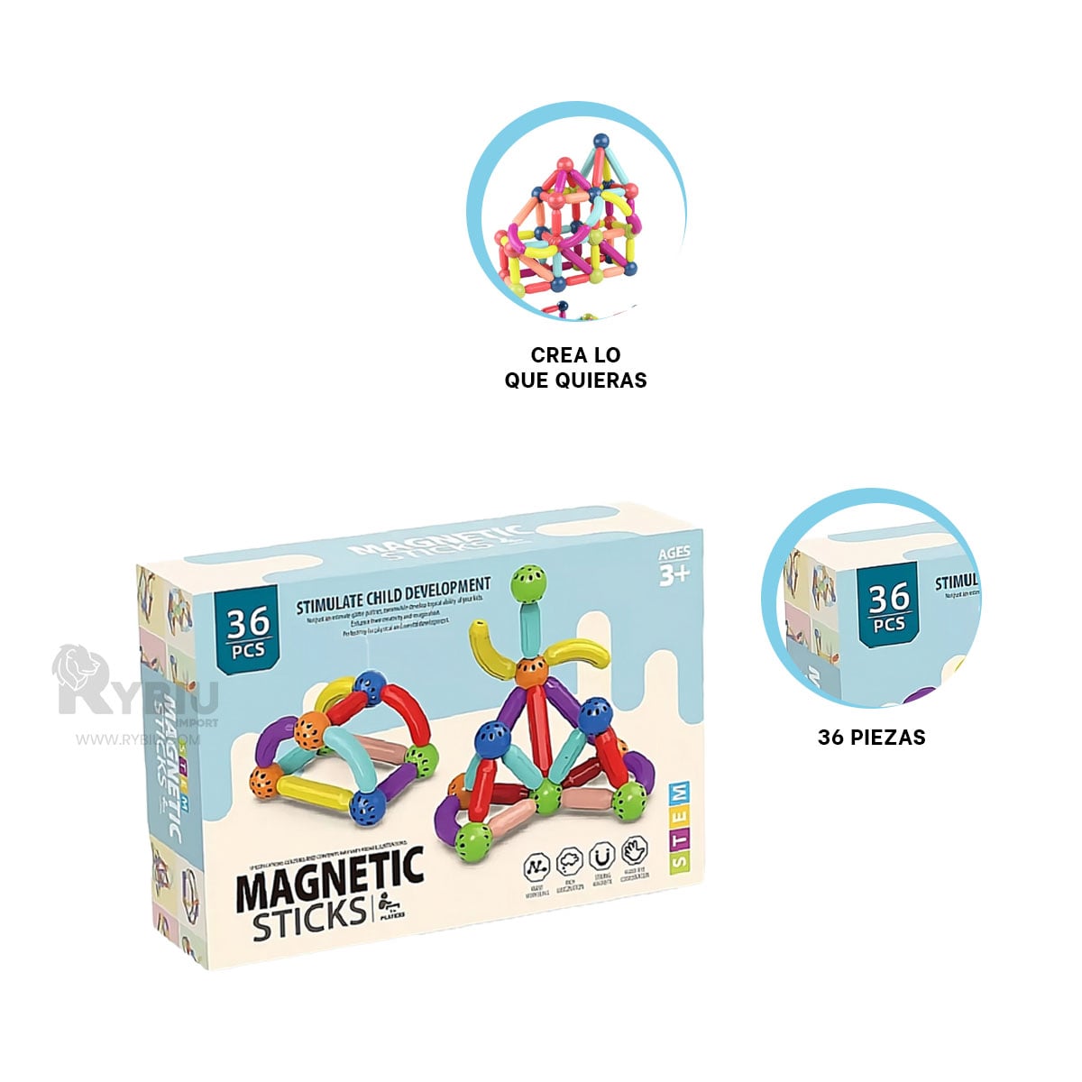 BLOQUES DE CONSTRUCCIÓN RYBIU JUEGO MAGNETICO DE 36 PIEZAS MULTICOLOR PARA NIÑOS - 2