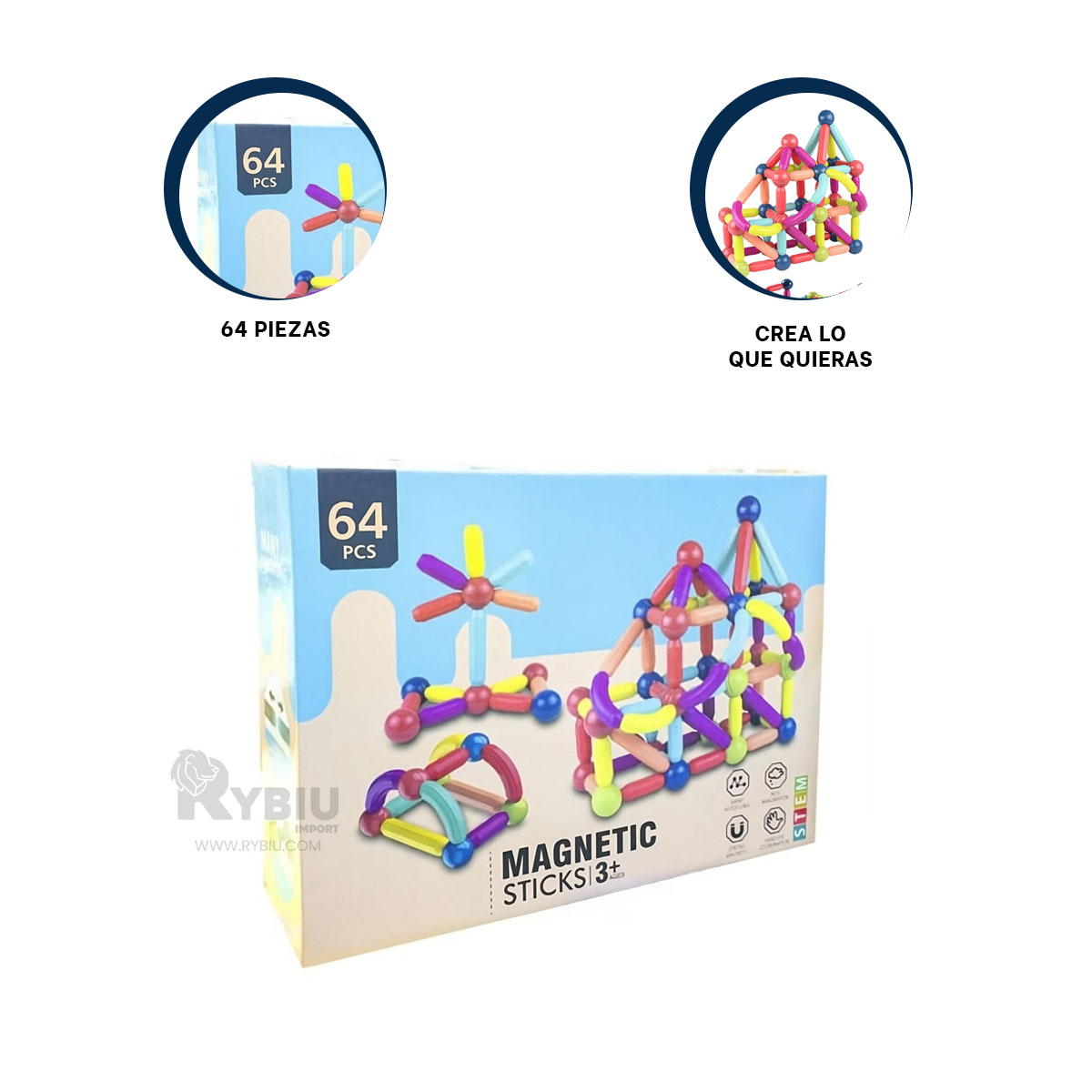 BLOQUES DE CONSTRUCCIÓN RYBIU JUEGO MAGNETICO DE 64 PIEZAS MULTICOLOR PARA NIÑOS - 2