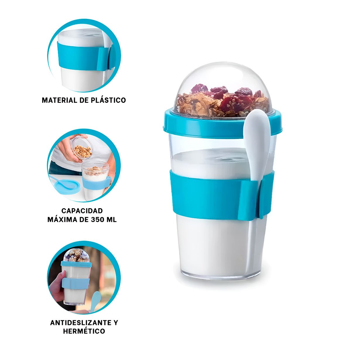 RECIPIENTE PARA YOGURT Y CEREAL 350 ML CELESTE CON CUCHARA PARA USO DIARIO - 3
