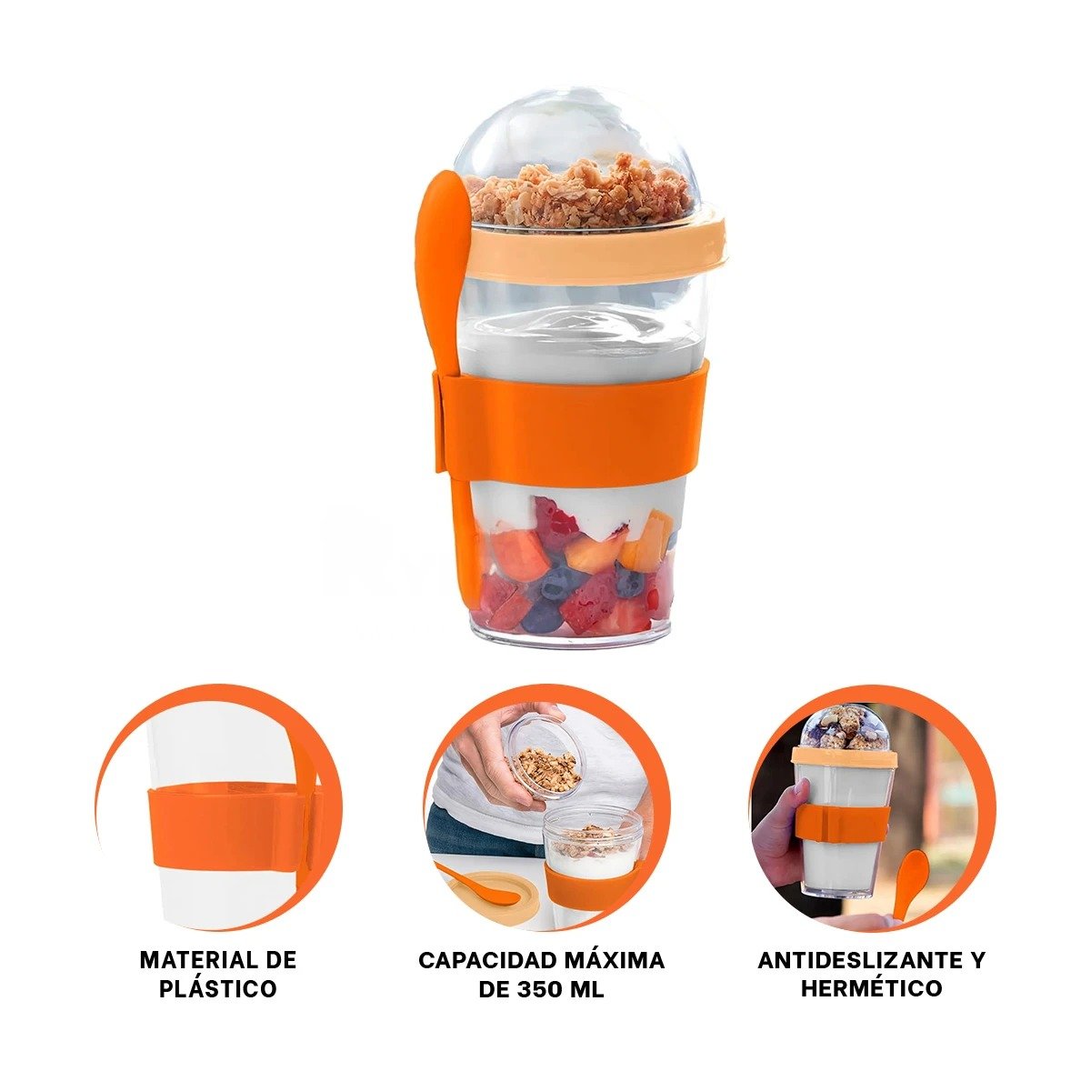 RECIPIENTE PARA YOGURT Y CEREAL 350 ML ANARANJADO CON CUCHARA PARA USO DIARIO - 3