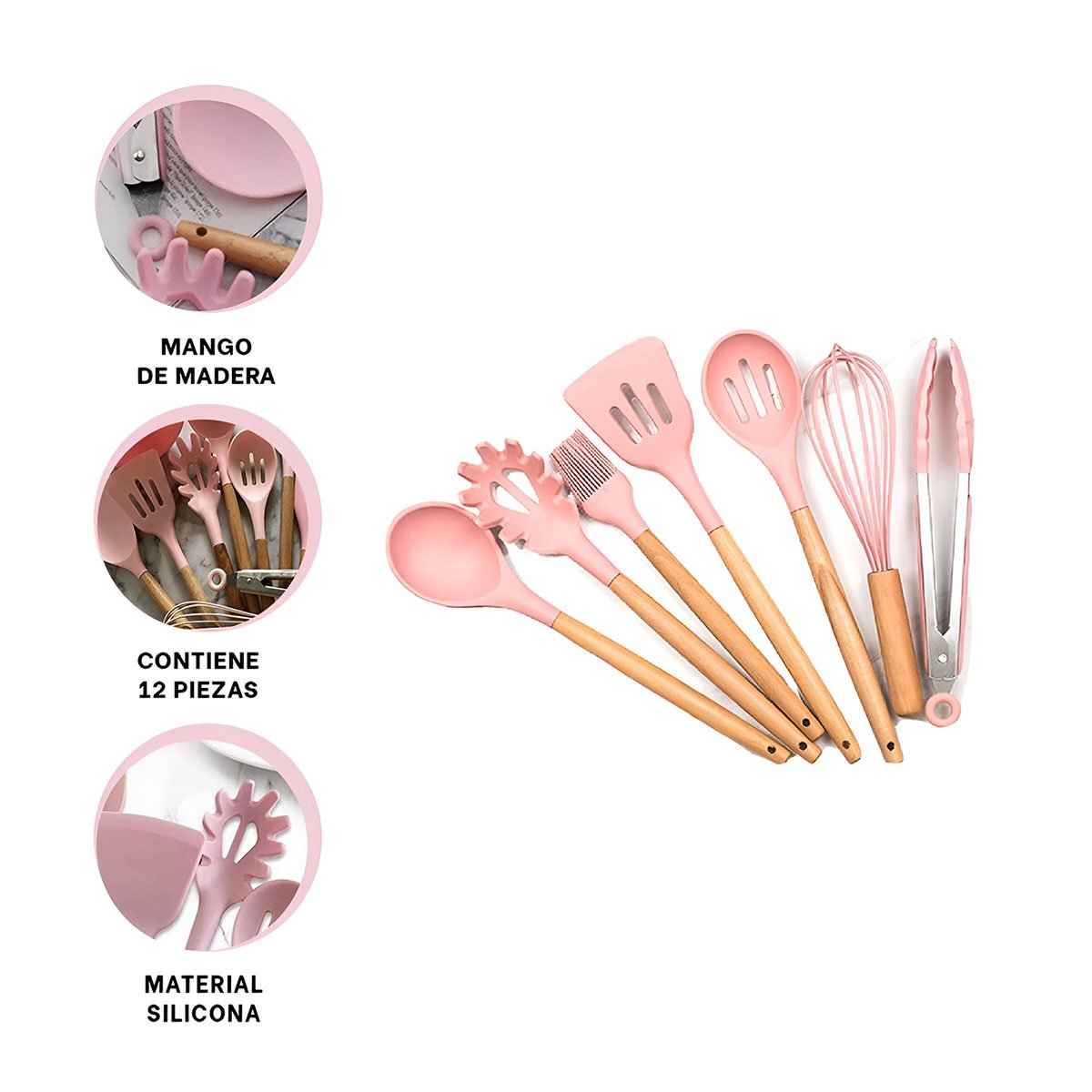 PACK 12 UTENSILIOS RYBIU CO30459 ROSADO SILICONA EGONOMICA - 3