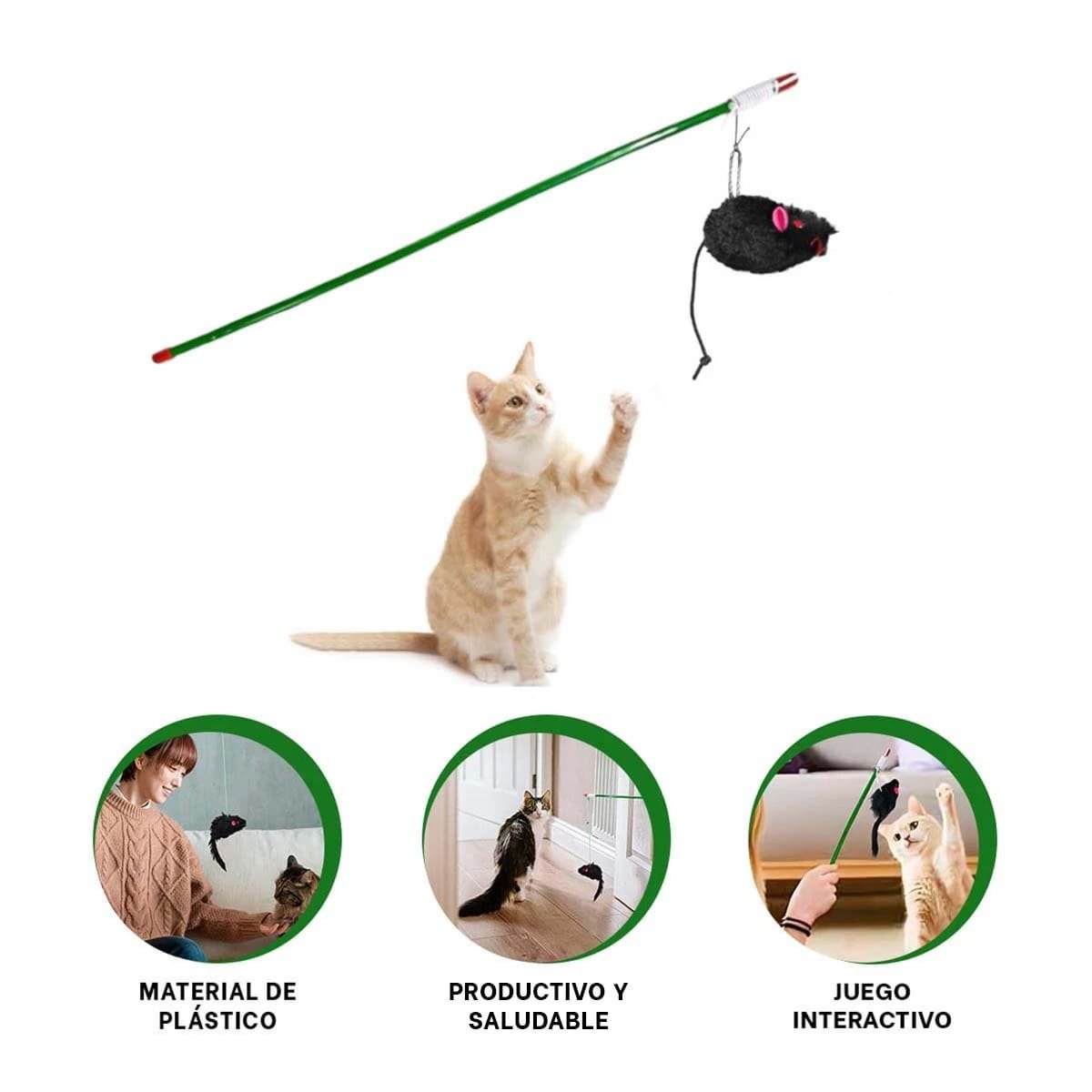 JUGUETE SUAVE CON VARITA DE COLOR VERDE PARA GATO Y RATON NEGRO - 3