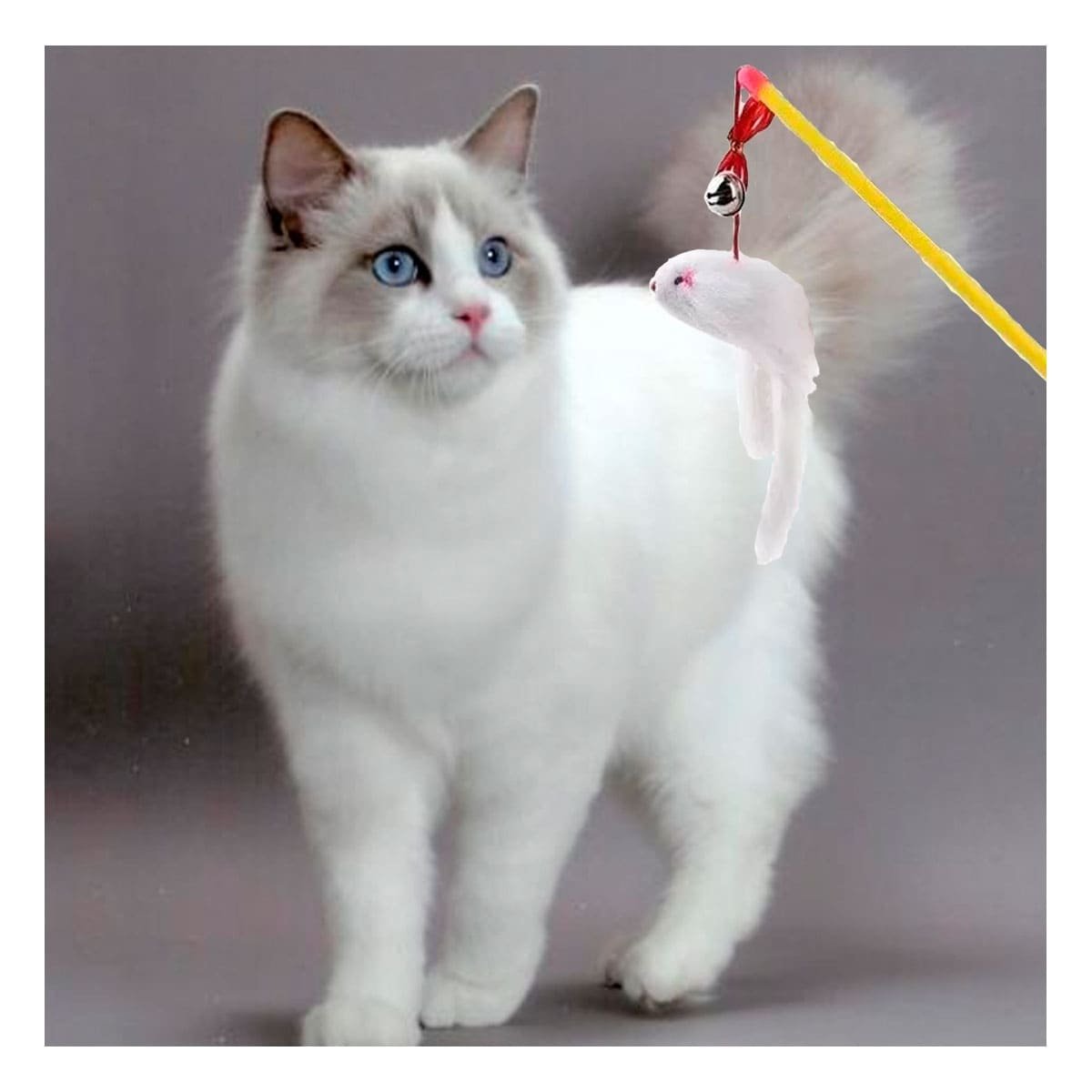JUGUETE SUAVE CON VARITA DE COLOR AMARILLO PARA GATO Y RATON BLANCO - 1