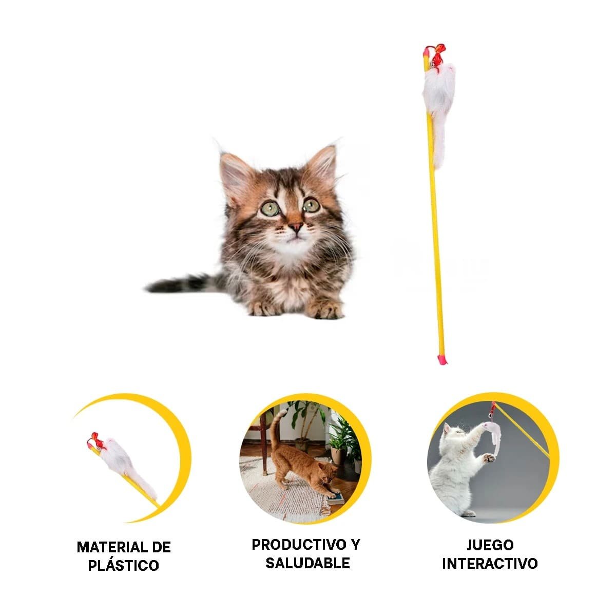 JUGUETE SUAVE CON VARITA DE COLOR AMARILLO PARA GATO Y RATON BLANCO - 3