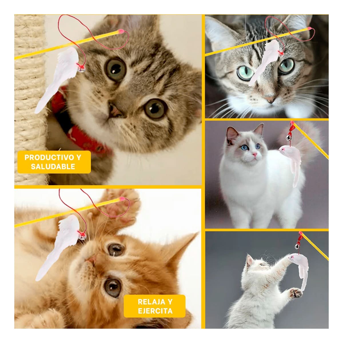JUGUETE SUAVE CON VARITA DE COLOR AMARILLO PARA GATO Y RATON BLANCO - 5