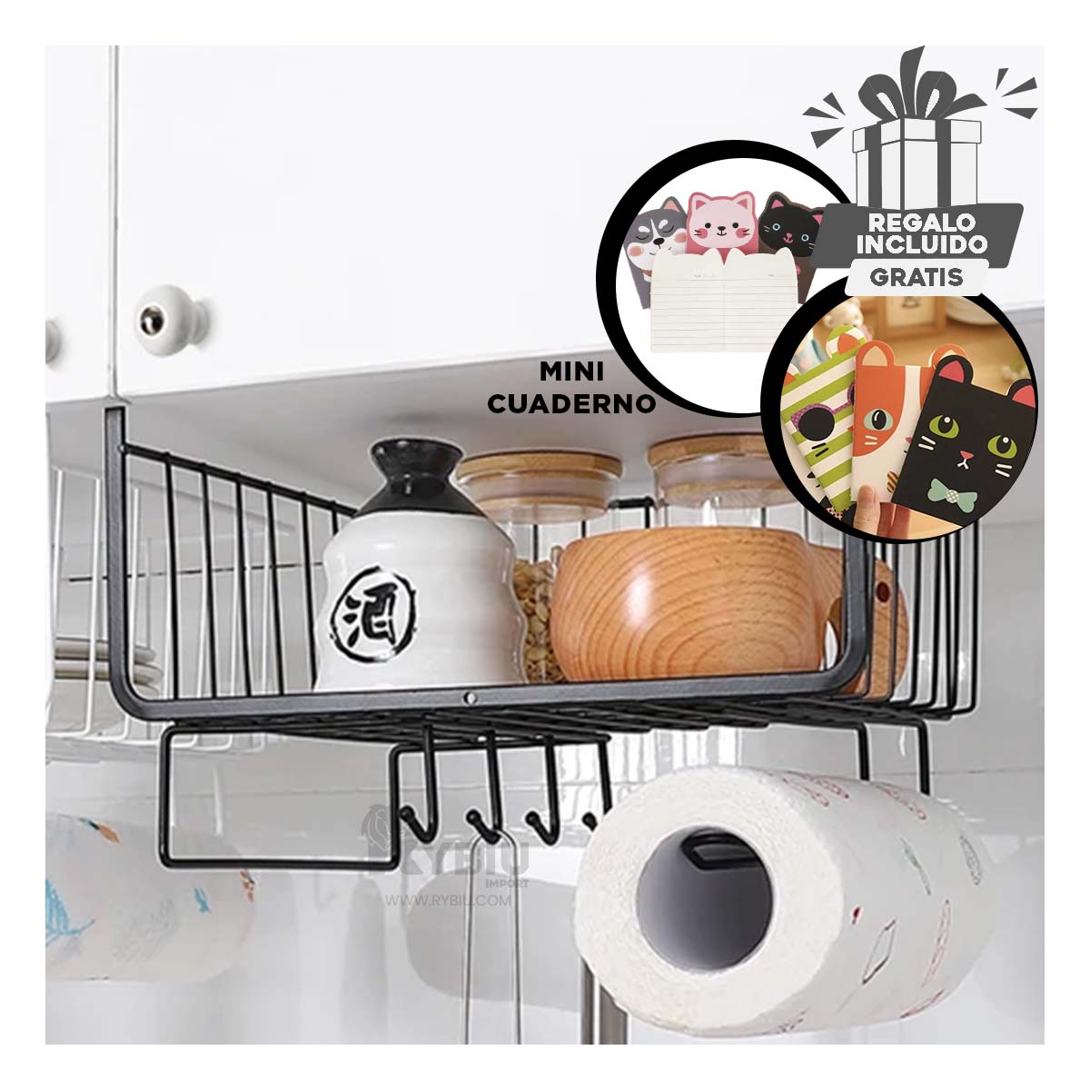 CESTA RYBIU HO29734 METAL NEGRO SUSPENDIDA MULTIUSO + REGALO AGENDITA - 1