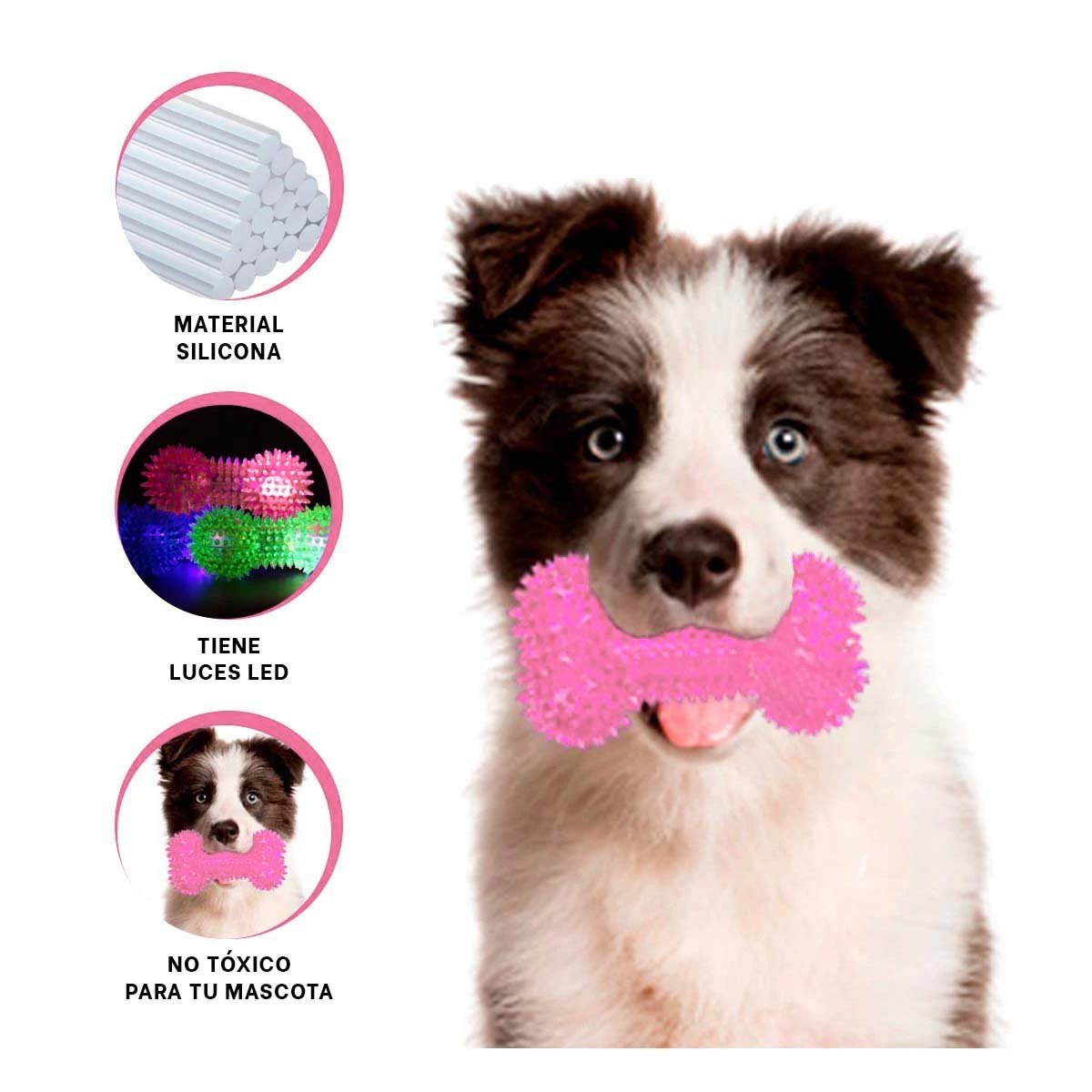 SET JUGUETE EN FORMA DE HUESO CHIRRIANTE LUZ LED ROSADO MASCOTAS SEGURO - 3