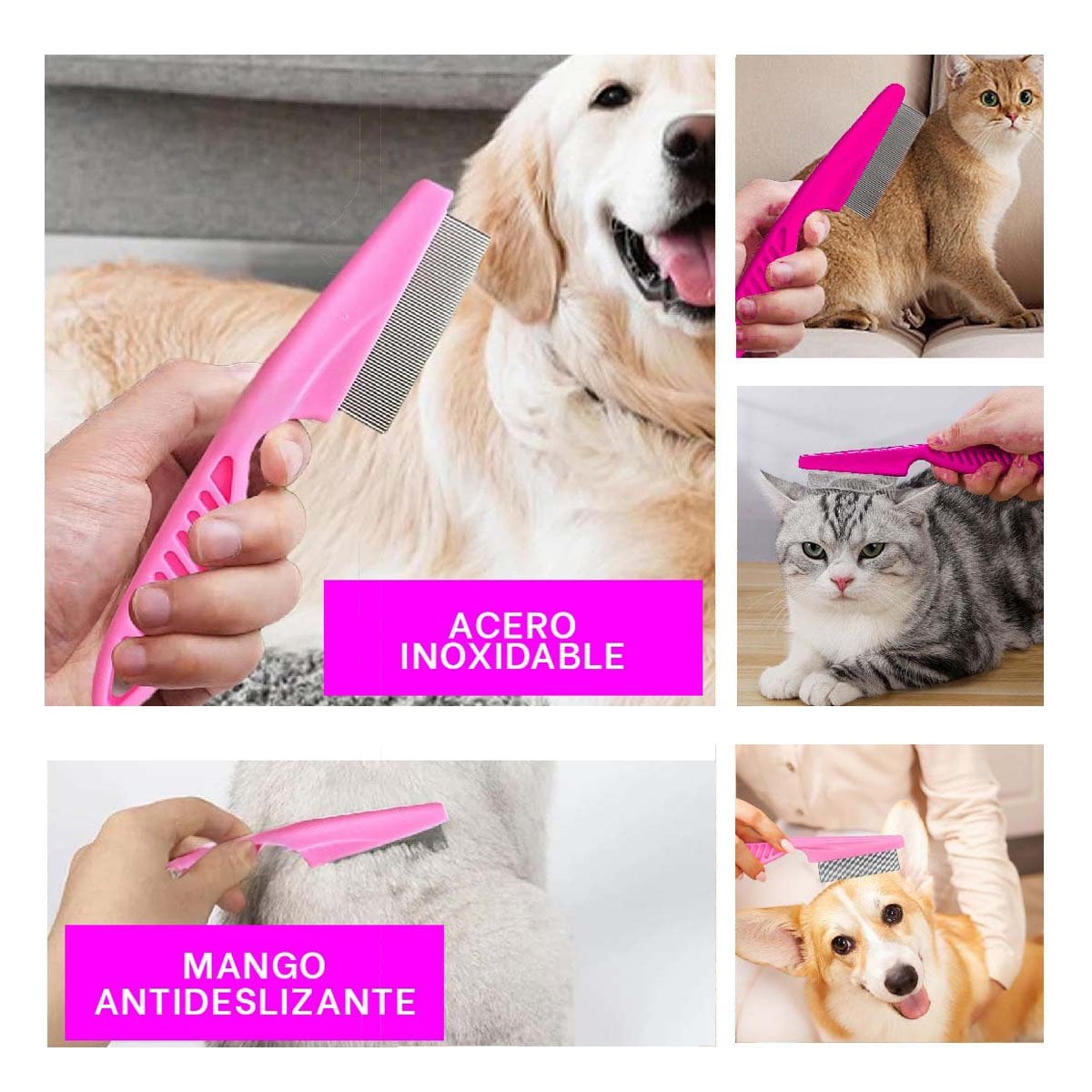 PEINE PERRO Y GATO RYBIU FINO SACA PULGAS ROSADO - 5