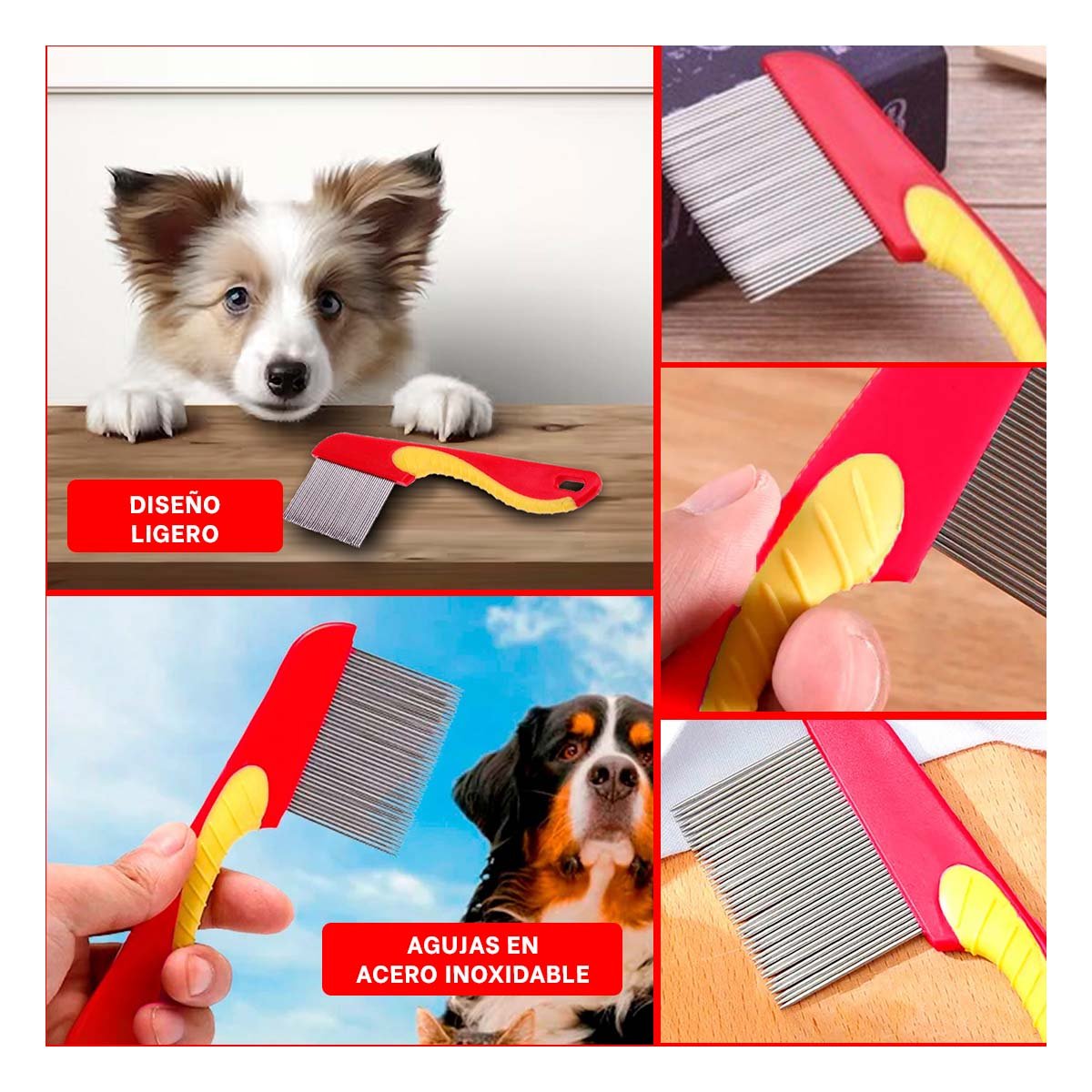 PEINE PERRO Y GATO RYBIU MA29638 ANTIPIOJOS PARA TODO TIPO DE PELO ROJO - 5