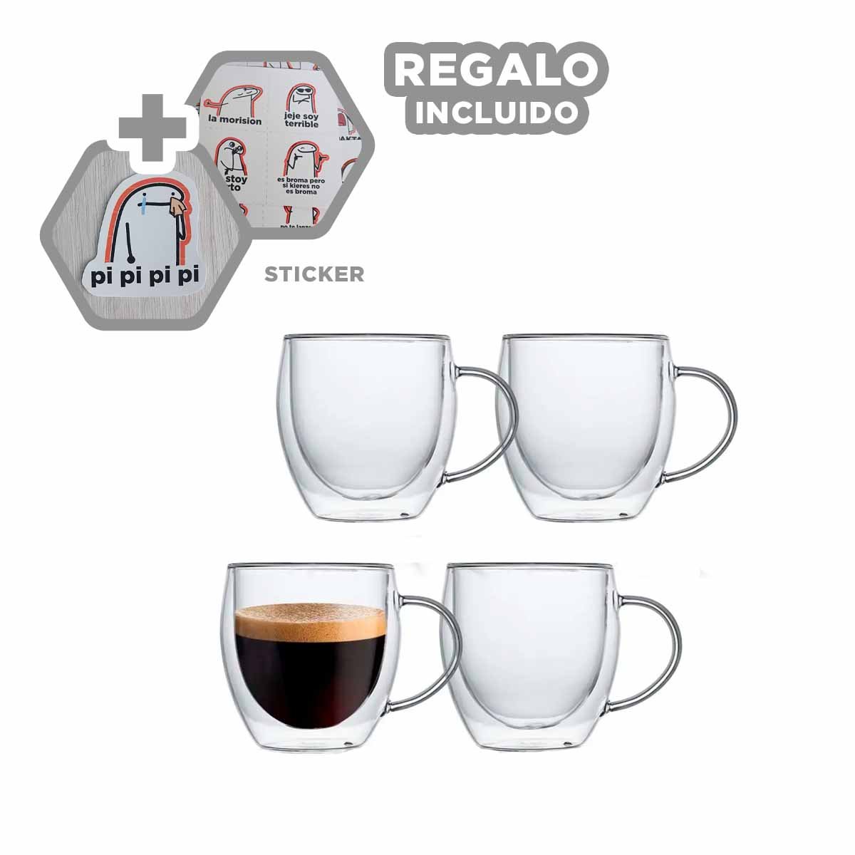 VASO TRANSPARENTE 100 ML ESPRESSO DOBLE CAPA DE ASA CIRCULAR Y+REGALO STICKER - 1
