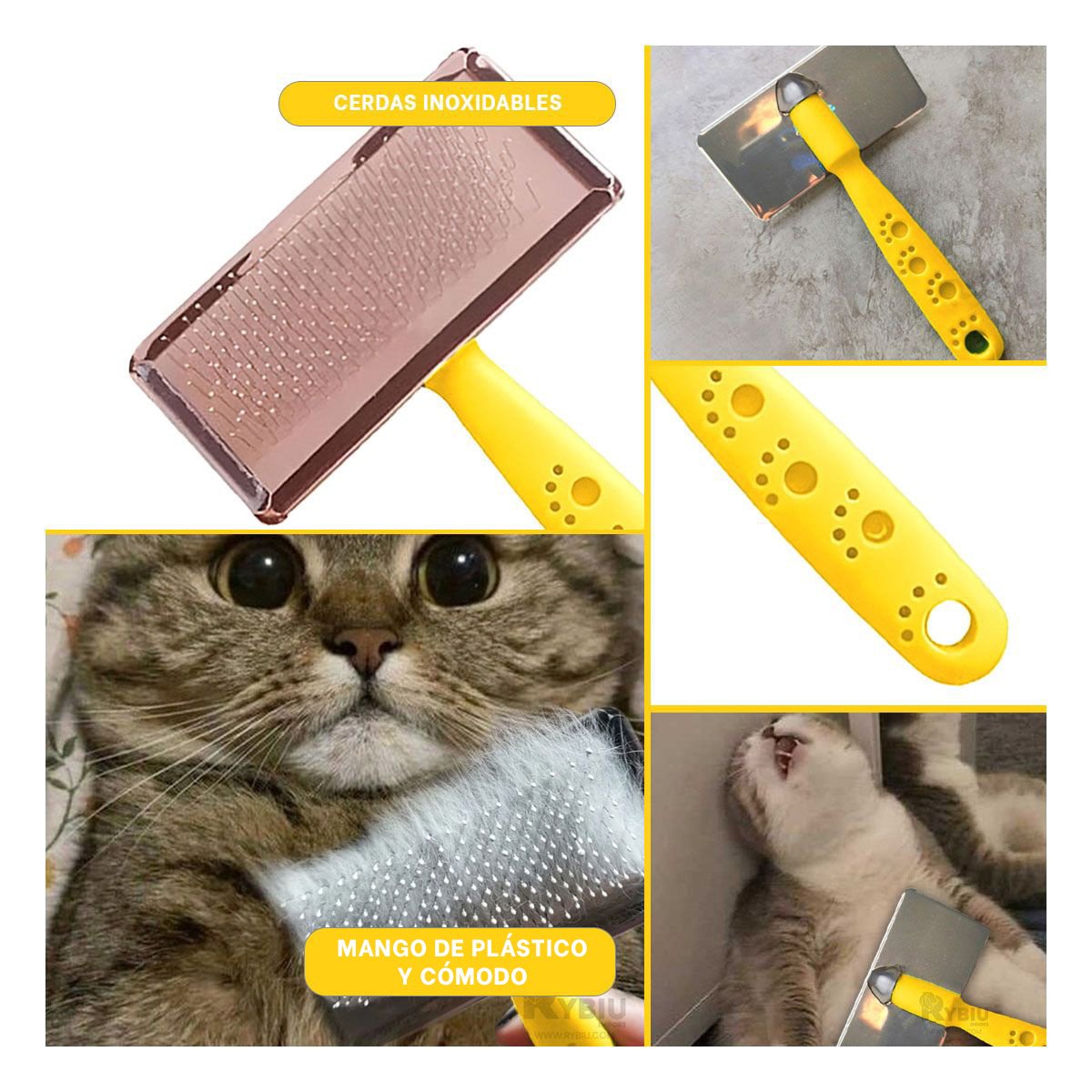 PEINE PERRO Y GATO RYBIU MA31227 TA CON PUNTAS DE METAL SUAVE TALLA M AMARILLO - 5