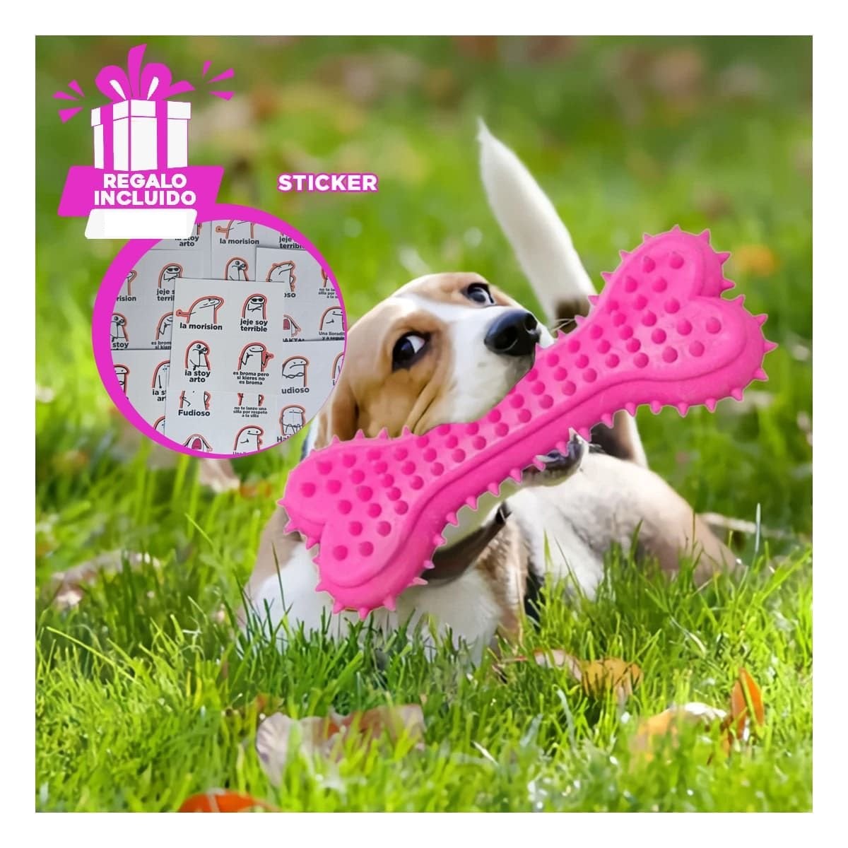 HUESO PARA PERRO ROSADO DE JEBE CON PUAS Y DISENO PRACTICO Y+REGALO STICKER - 1
