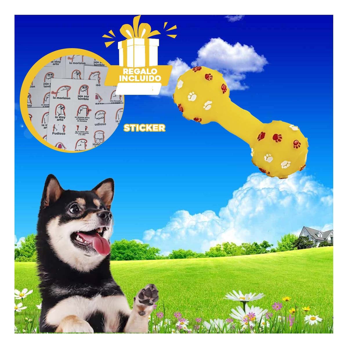 JUGUETE CANINO EN FORMA DE HUESO AMARILLO PARA DIVERSION EN CASA Y+REGALO STICKER - 1