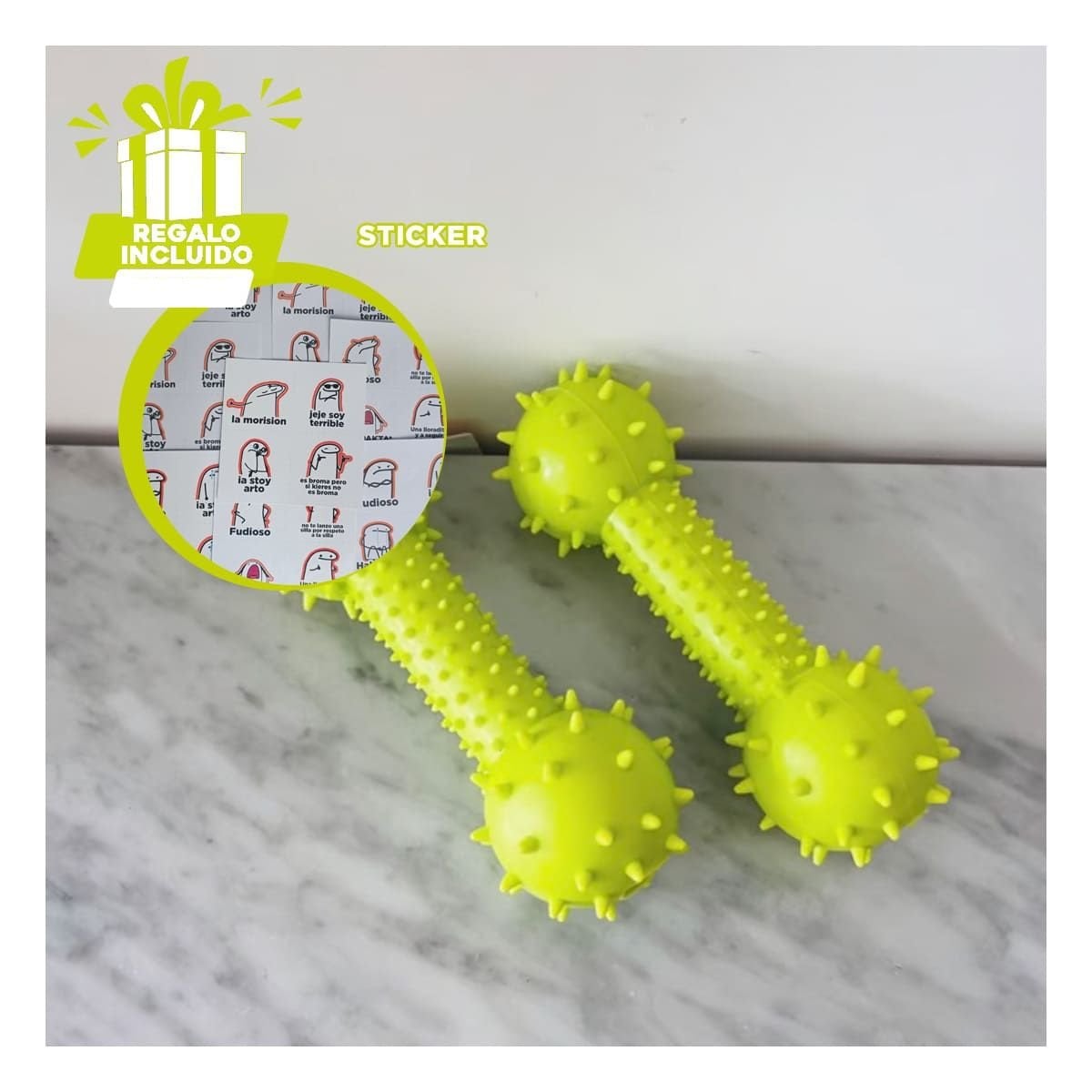 HUESO DE JEBE CON BOLAS LATERALES VERDE AMARILLENTO PRACTICO Y+REGALO STICKER - 1