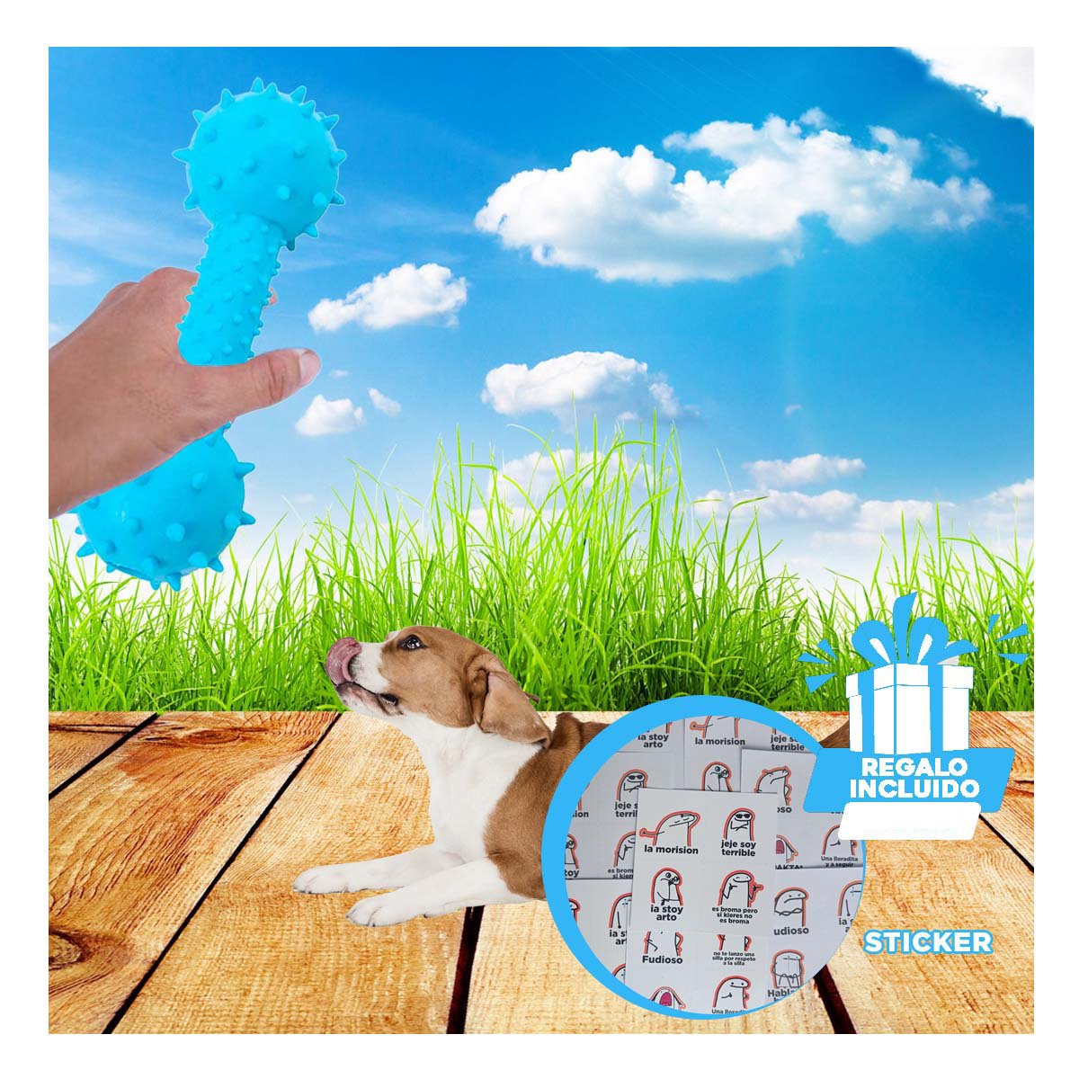 HUESO DE JEBE CELESTE CON DISENO DE BOLAS PARA ESTIMULAR EL JUEGO Y+REGALO STICKER - 1