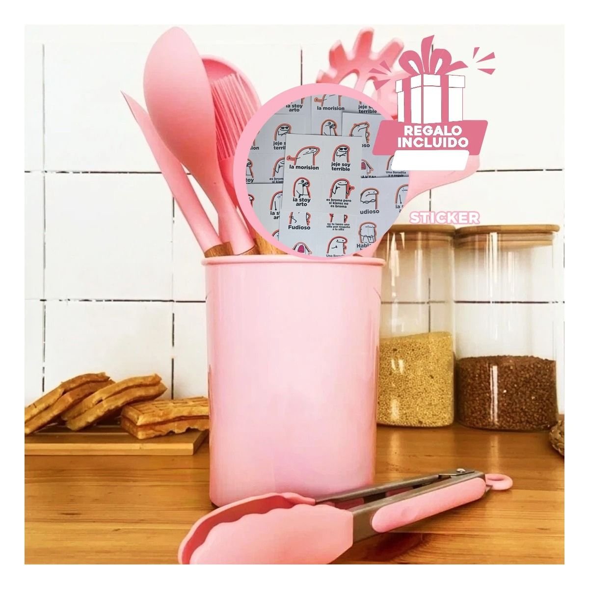 SET UTENSILIOS RYBIU CO29871 ROSADO RESISTENTE AL CALOR + REGALO STICKERS - 1