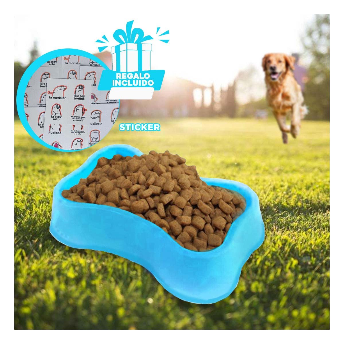 PLATO PERRO MA31321 MODERNO COLOR CELESTE Y STICKERS RYBIU - 1