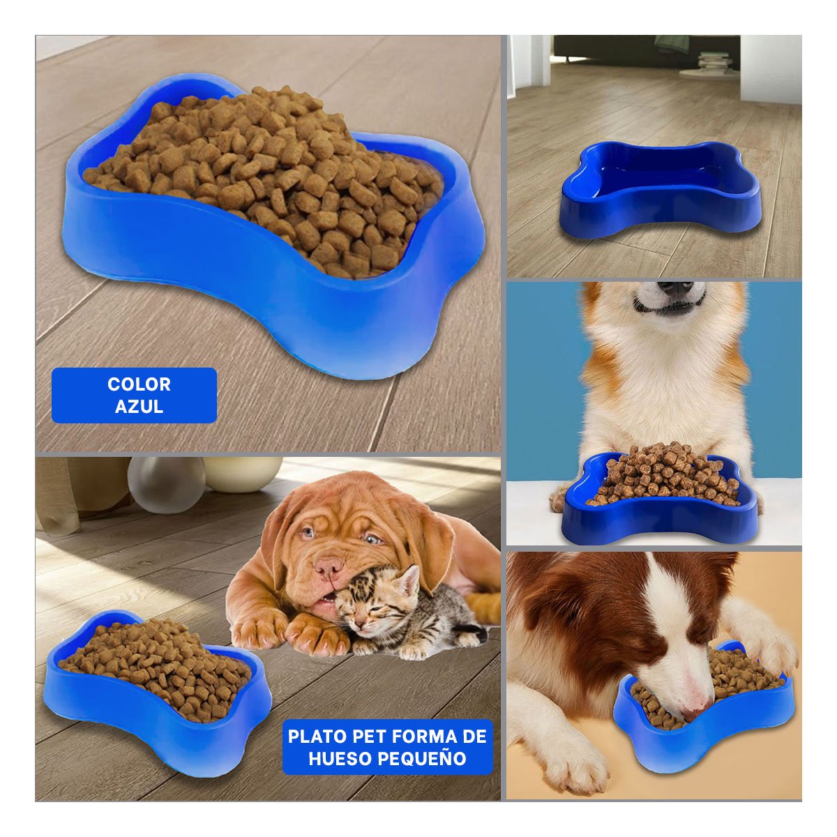 PLATO PERRO Y GATO MA31320 MASCOTA FORMA HUESO PEQUEÑO AZUL RYBIU - 5