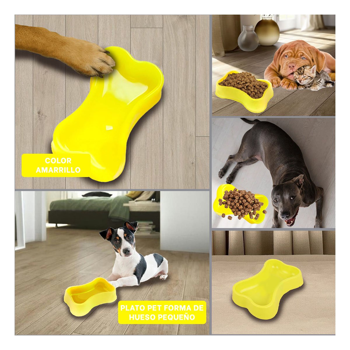 PLATO PERRO Y GATO MA31318 MASCOTA FORMA HUESO PEQUEÑO COLOR AMARILLO RYBIU - 5