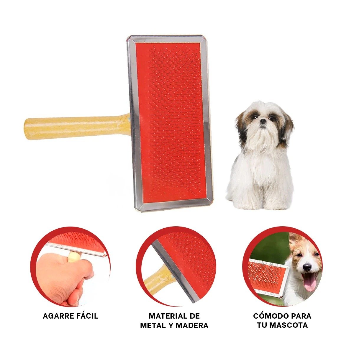 PEINE PERRO RYBIU MA31217 CEPILLO CON MANGO DE MADERA TALLA M ROJO - 3