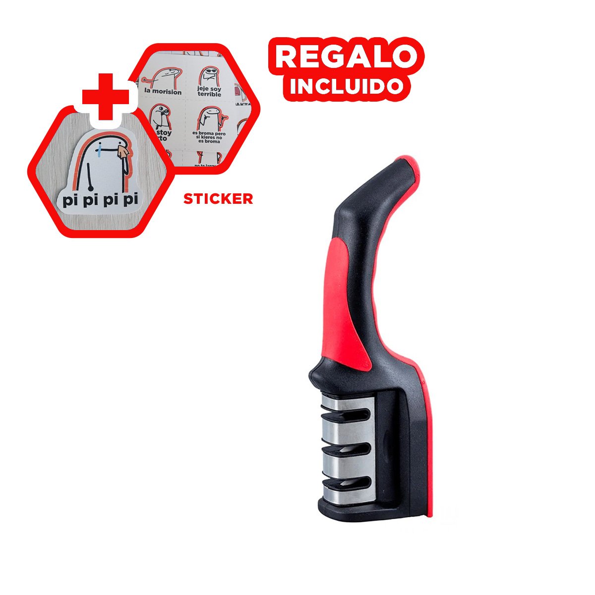 SACACUCHILLOS COCINA 3 TIEMPOS MANGO PLASTICO ROJO NEGRO FACIL MANTENER Y+REGALO STICKER - 1