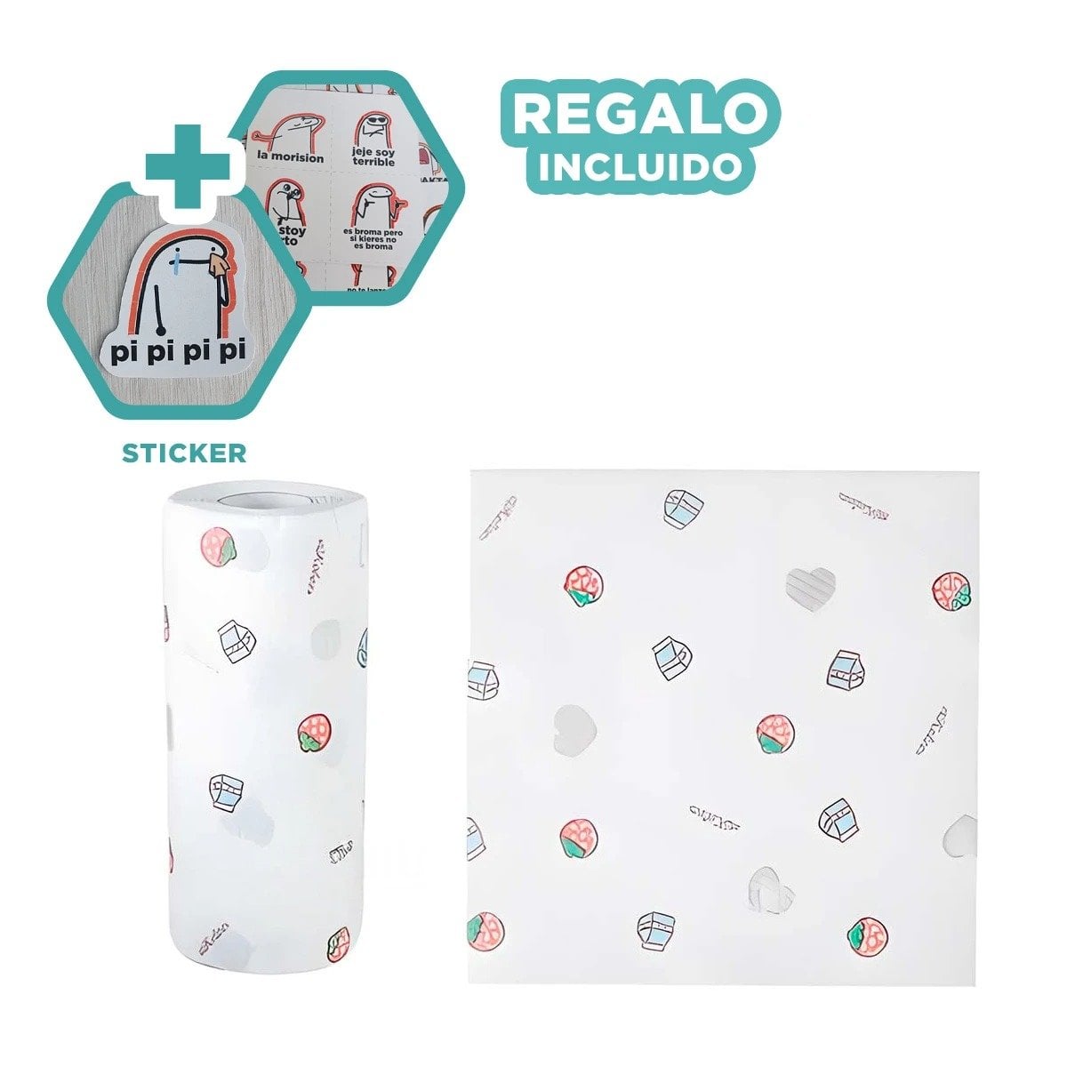 PAQUETE DE PAPEL TOALLA CON DIBUJOS COLOR BLANCO DOBLE CAPA COCINA Y+REGALO STICKER - 1