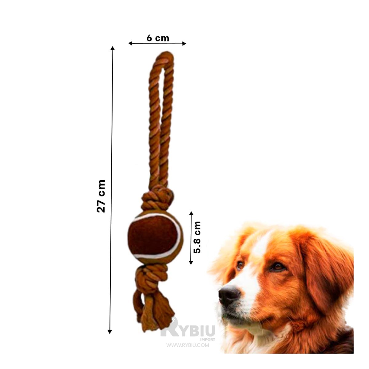JUGUETE PERRO SOGA PARA MORDER NO TOXICA CON PELOTA TENNIS MARRÓN MA31356 RYBIU - 5