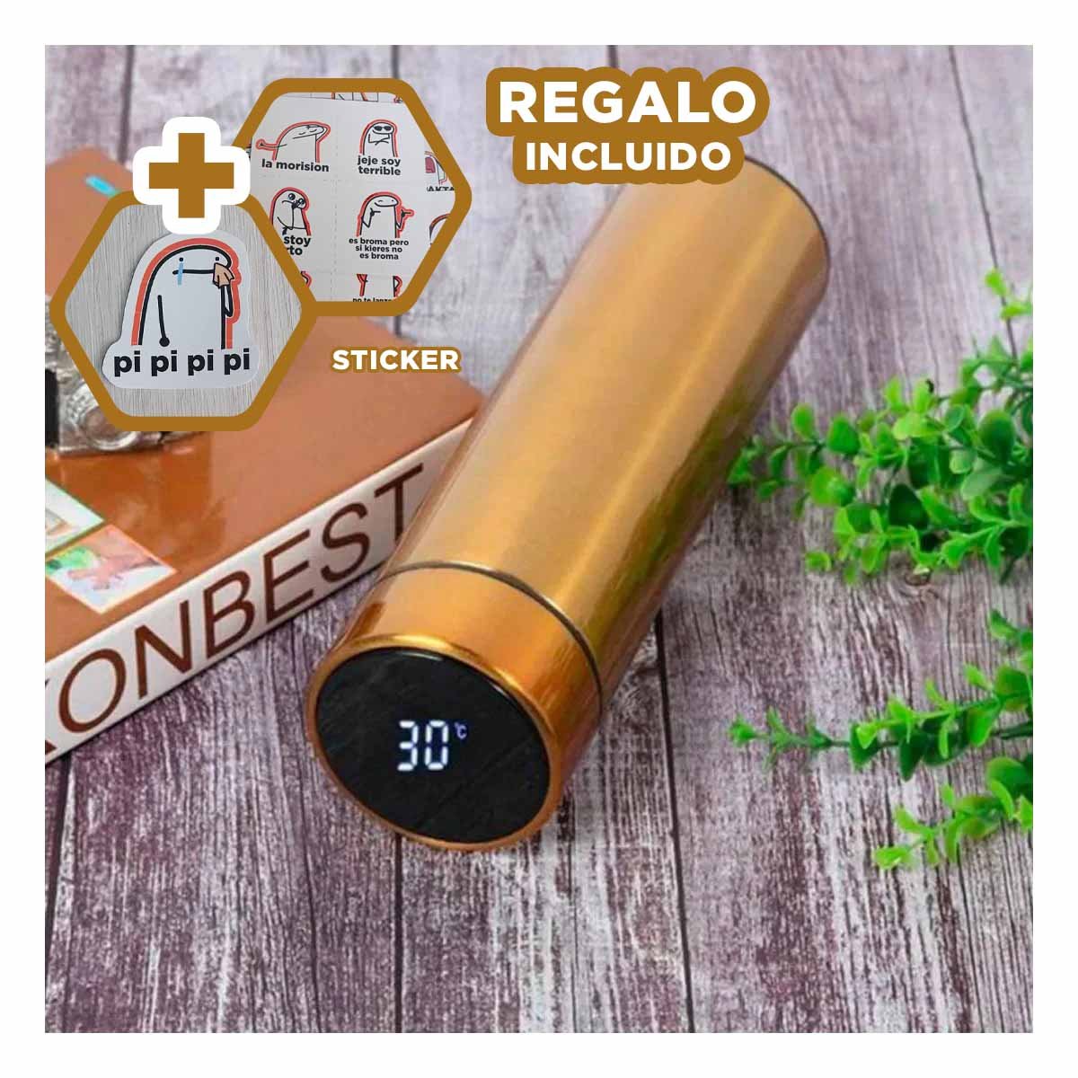TERMO RYBIU CO30488 ACERO INOXIDABLE COMPACTO DORADO + REGALO STICKERS - 1