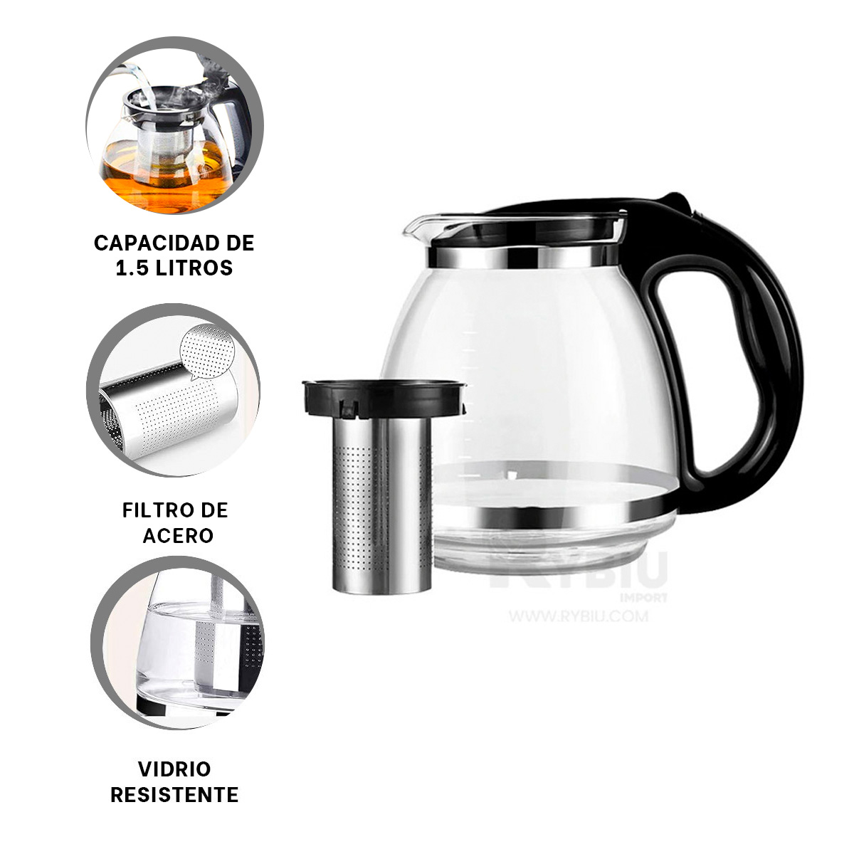 TETERA RYBIU CO30489 NEGRO 1500 ML RESISTENTE Y FILTRO 1.5 L + REGALO AGENDITA - 4