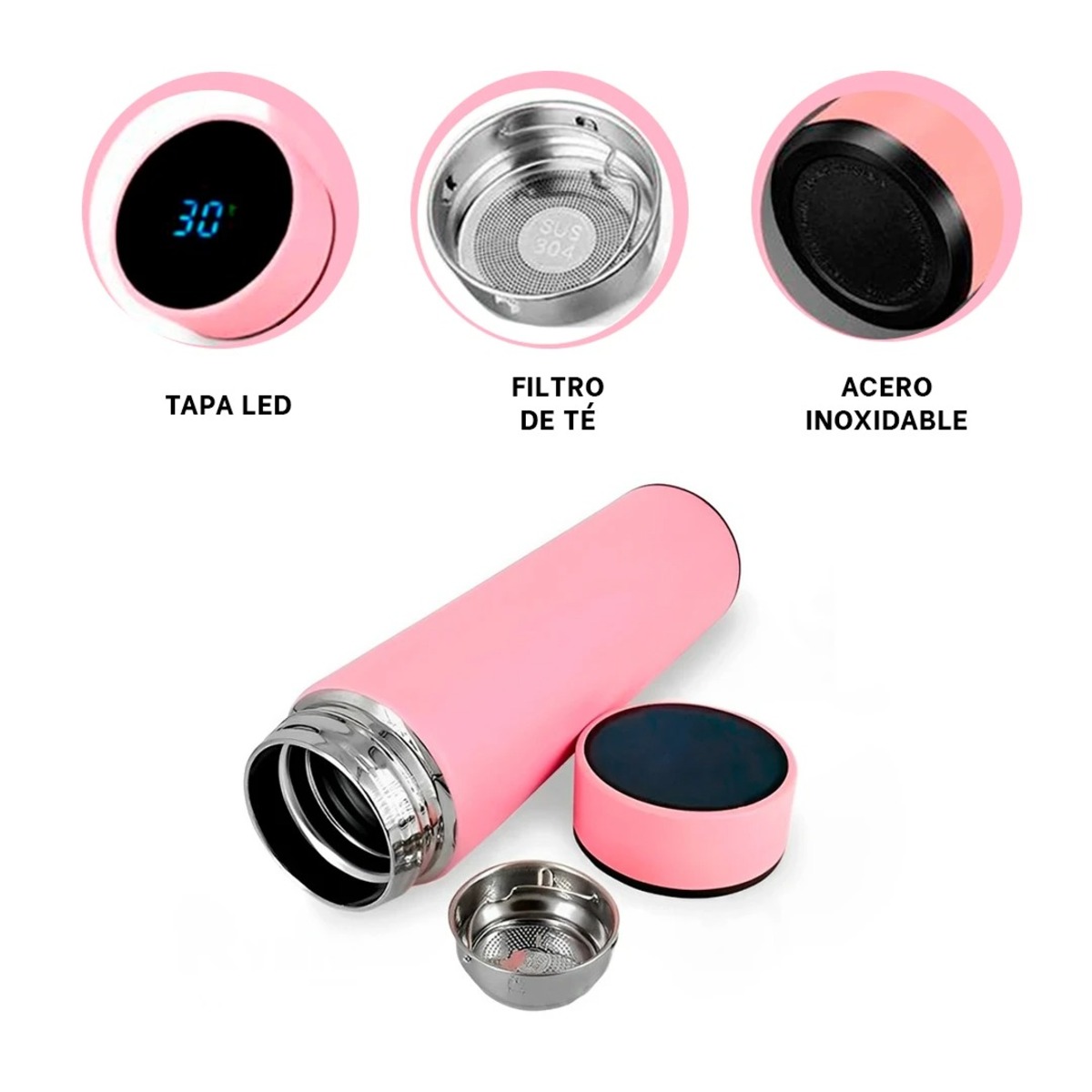 TERMO RYBIU CO30486 ACERO INOXIDABLE PRACTICO OFICINAS 500ML ROSADO + REGALO AGENDITA - 3