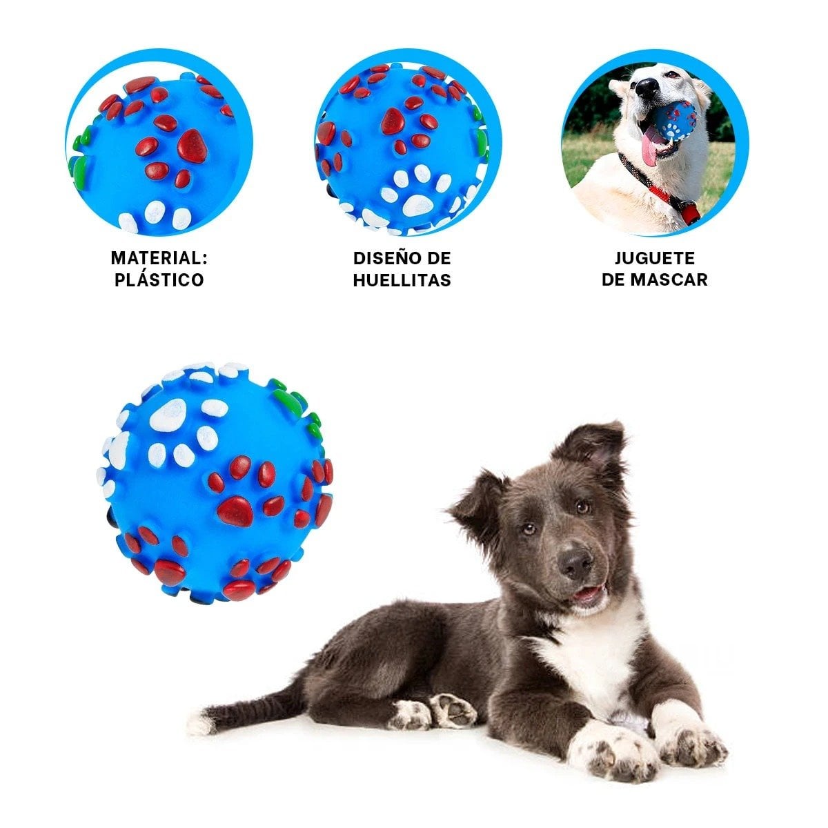BOLA CELESTE CON HUELLITAS DE PLASTICO M PARA PERRO JUGUETE RESISTENTE - 3