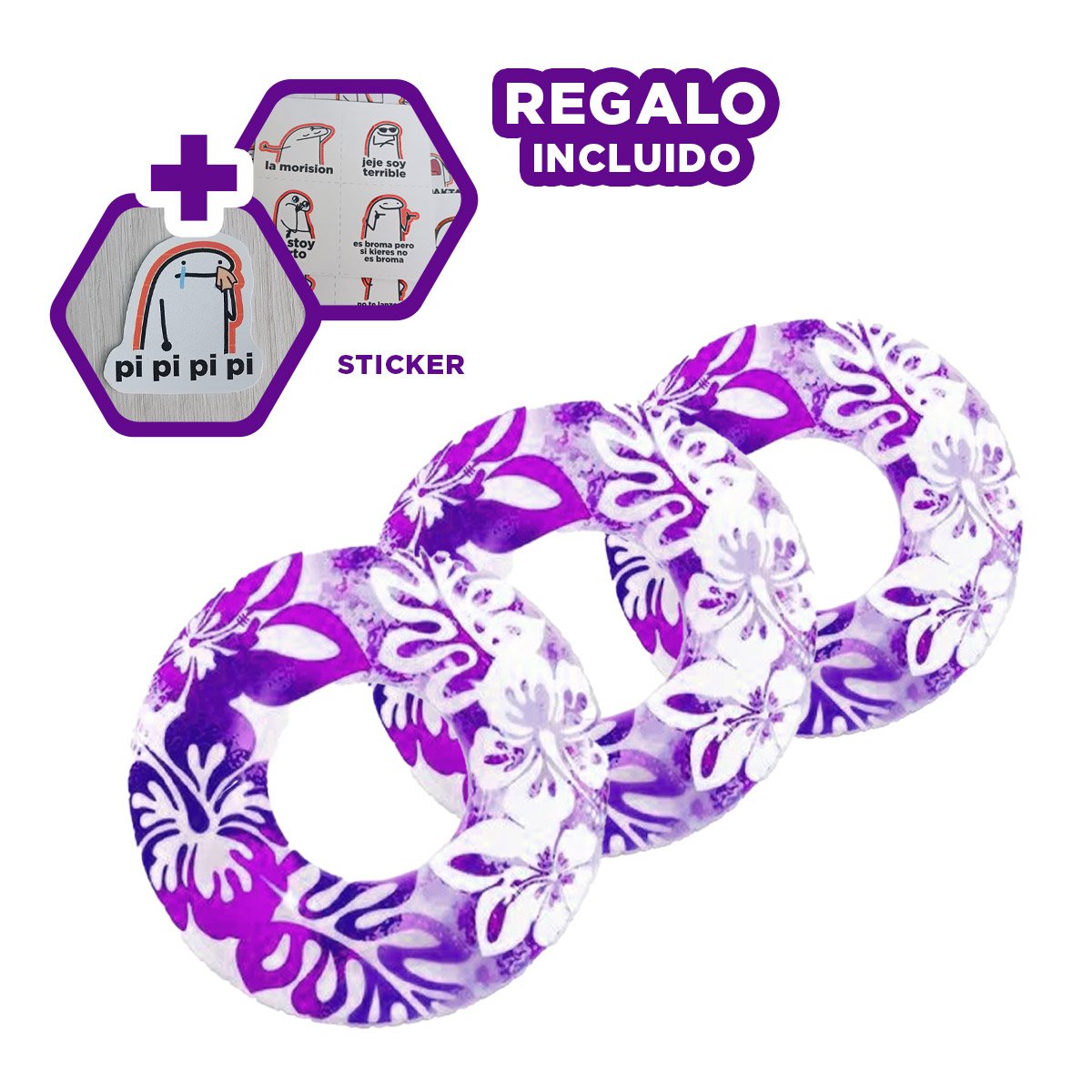 RUEDA INFLABLE MORADA DE 91 CM CON DIBUJOS ACUATICOS DE ALGAS Y FLORES Y+REGALO STICKER - 1