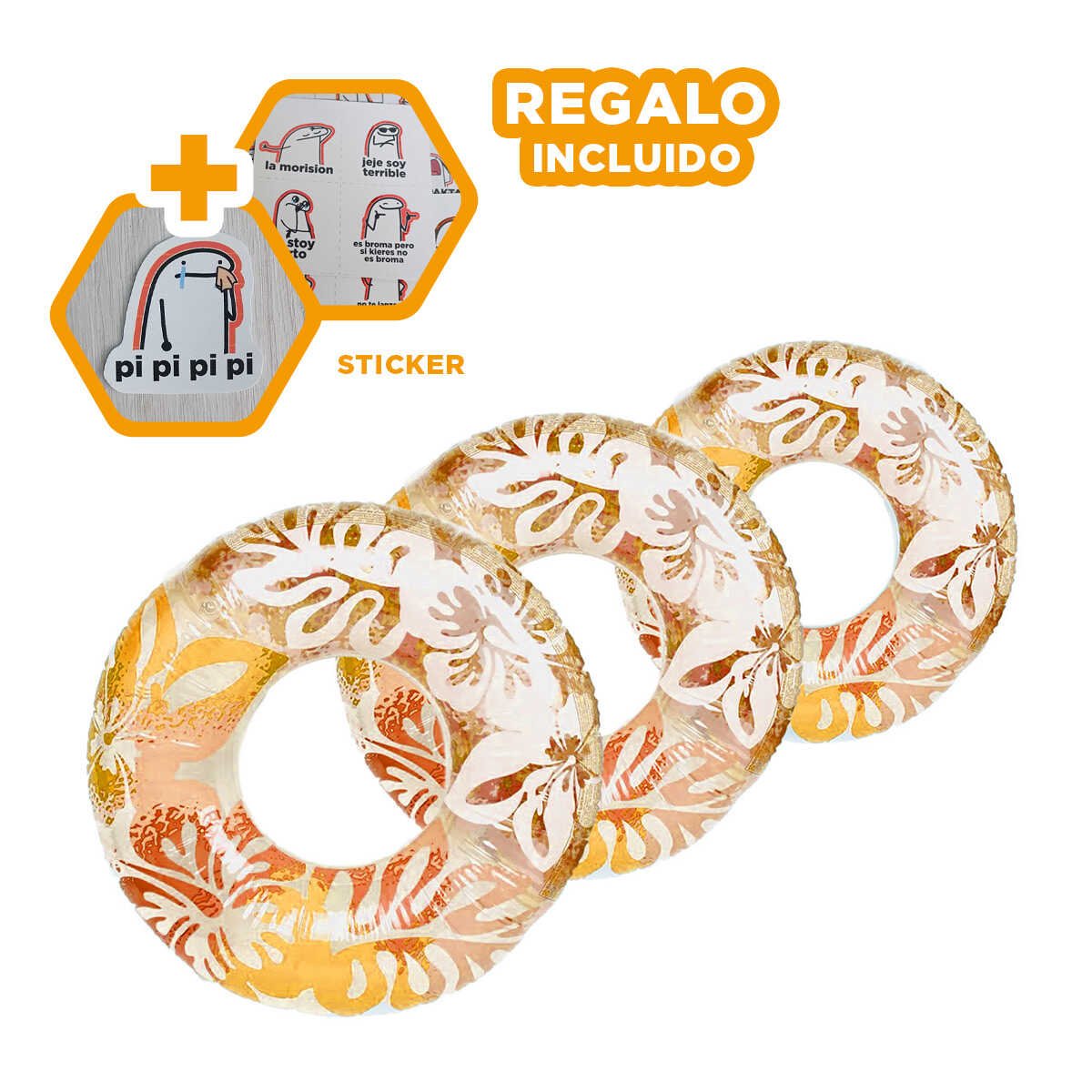 RUEDA INFLABLE ANARANJADA DE 91 CM CON DIBUJOS ACUATICOS DE ALGAS Y FLORES Y+REGALO STICKER - 1