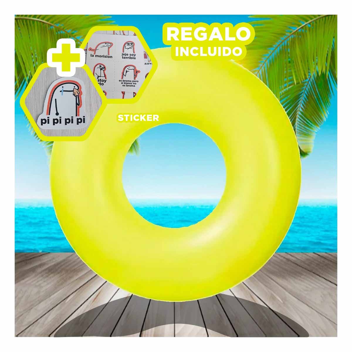 FLOTADOR ACUATICO NEON AMARILLO 91 CM PARA PISCINA INFANTIL Y+REGALO STICKER - 1