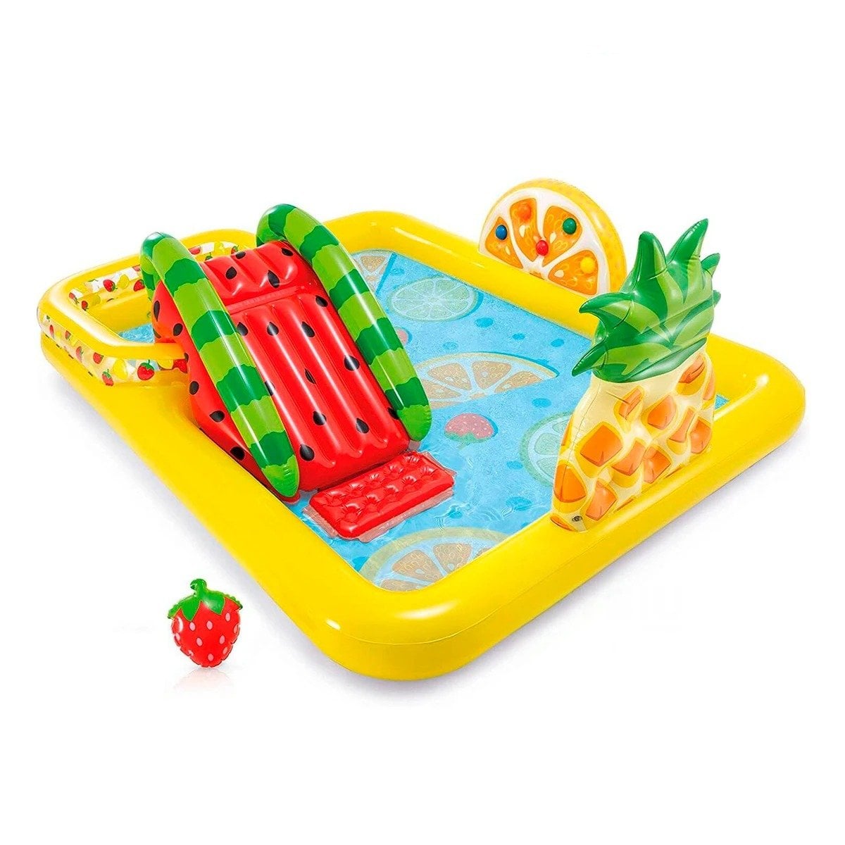 DIVERSIÓN INFLABLE FRUTAS CON TOBOGÁN MOD. 57158NP 91CM X 244CM X 91CM INTEX Y+PAPEL REGALO - 1