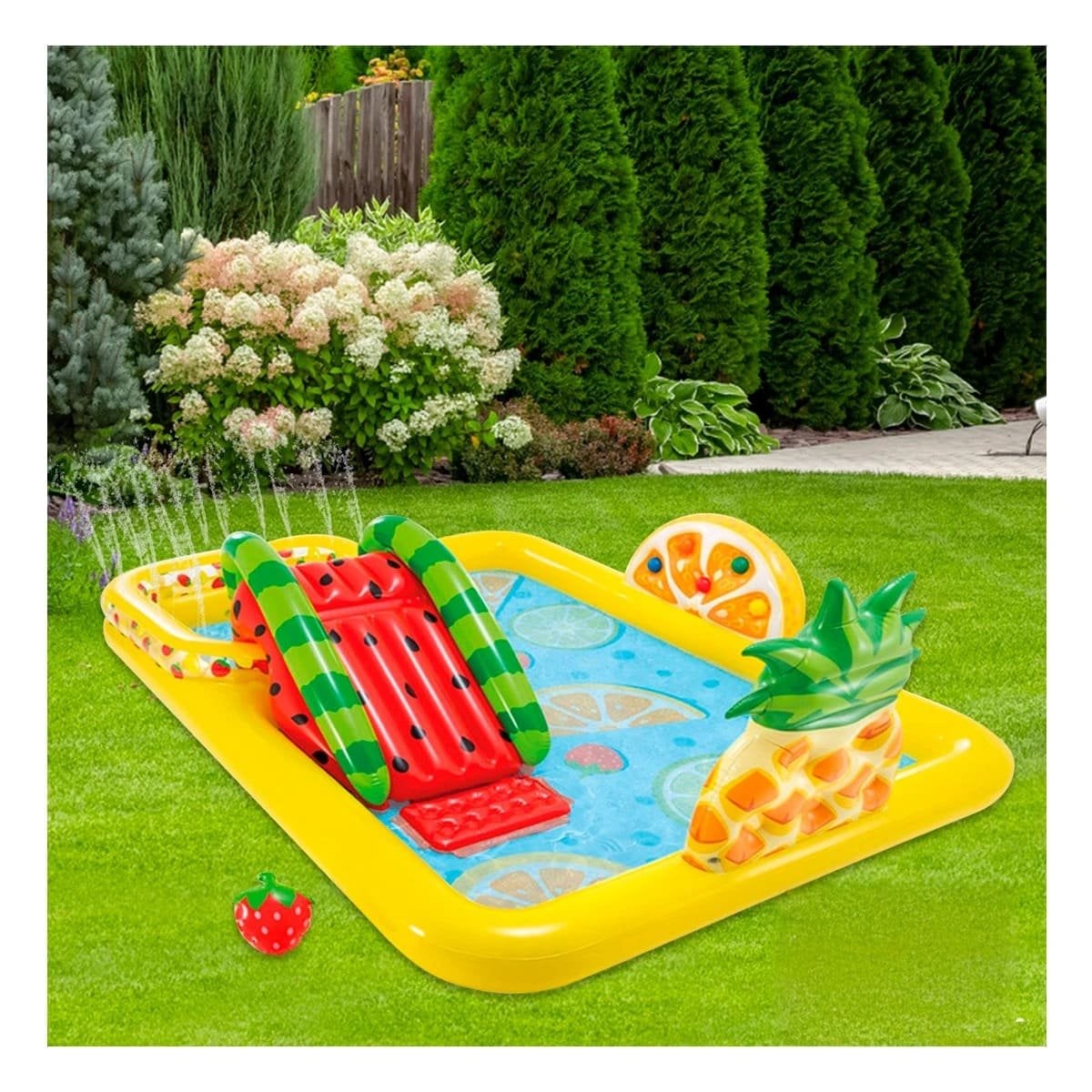 JUEGO INFLABLE FRUTAS CON TOBOGÁN MOD. 57158NP 91CM X 244CM X 91CM INTEX PARA PATIO - 1