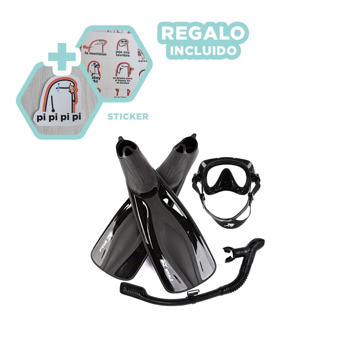 SET ACCESORIOS PISCINAS RYBIU W-SK101M NEGRO EQUIPO BUCEAR TAMAÑO M + REGALO STICKERS - 1