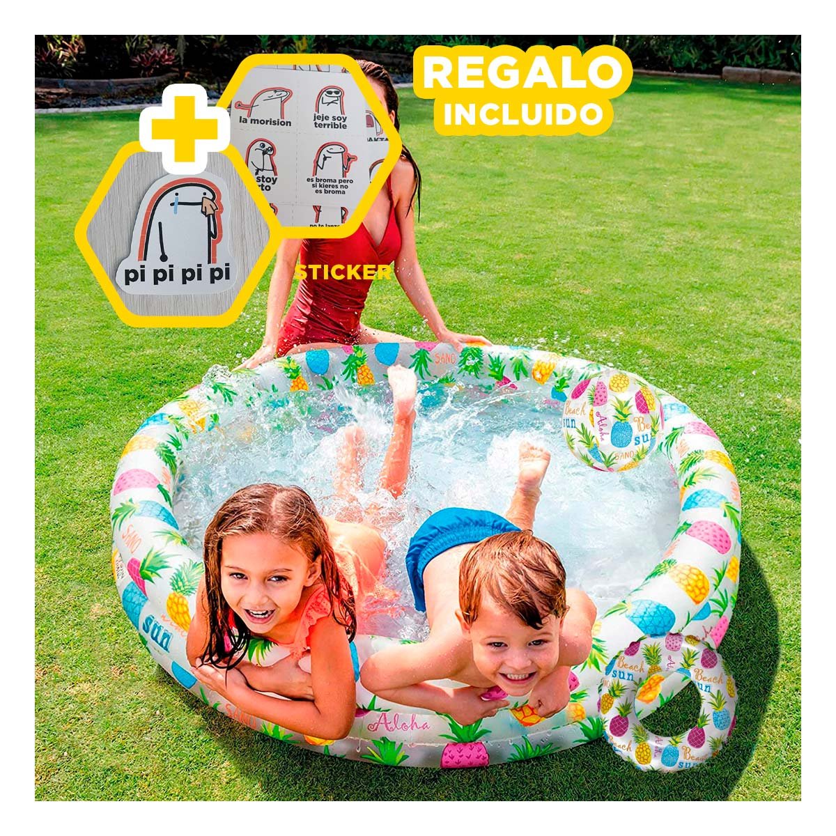 PILETA INFLABLE PARA HOGAR CON DISENO TROPICAL DECORATIVO Y JUEGO ACUATICO Y+REGALO STICKER - 1