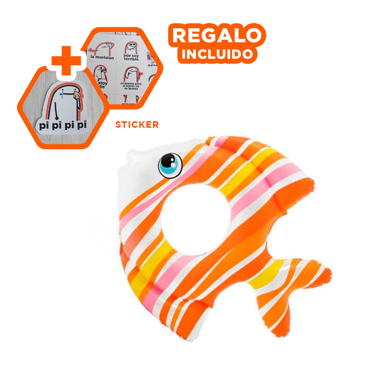 FLOTANTE DIVERTIDO COLORIDO ANARANJADO PEZ RAYADO 83 X 81 CM PARA AGUA Y+REGALO STICKER - 1