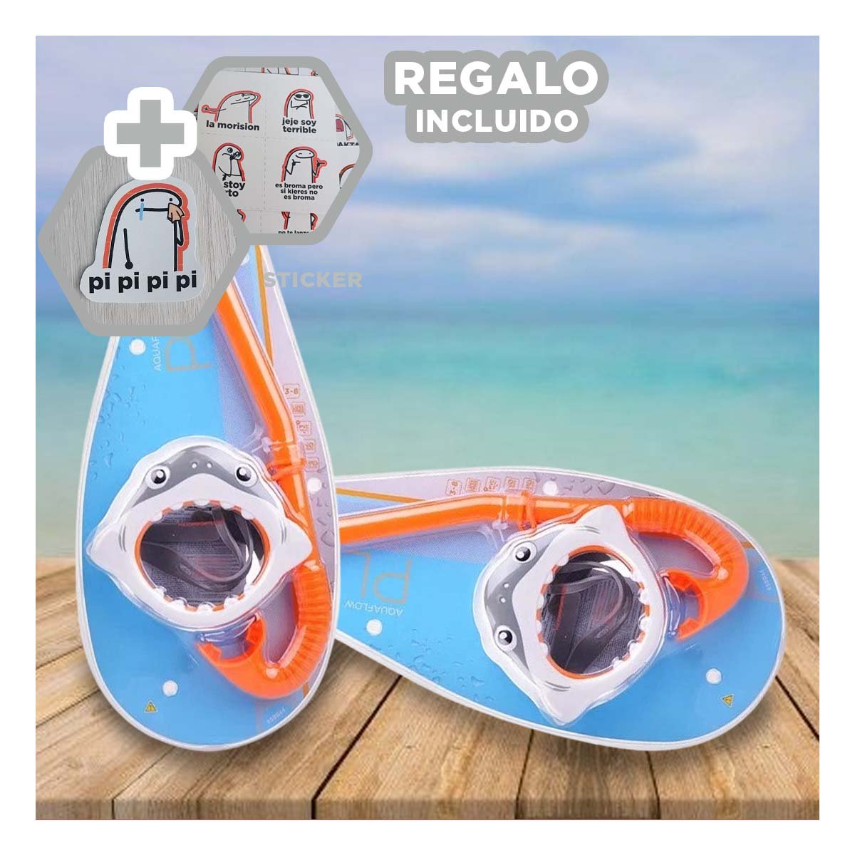 SET NATACIÓN RYBIU 55944 AVENTURAS SUBMARINAS TIBURON + REGALO STICKERS - 1