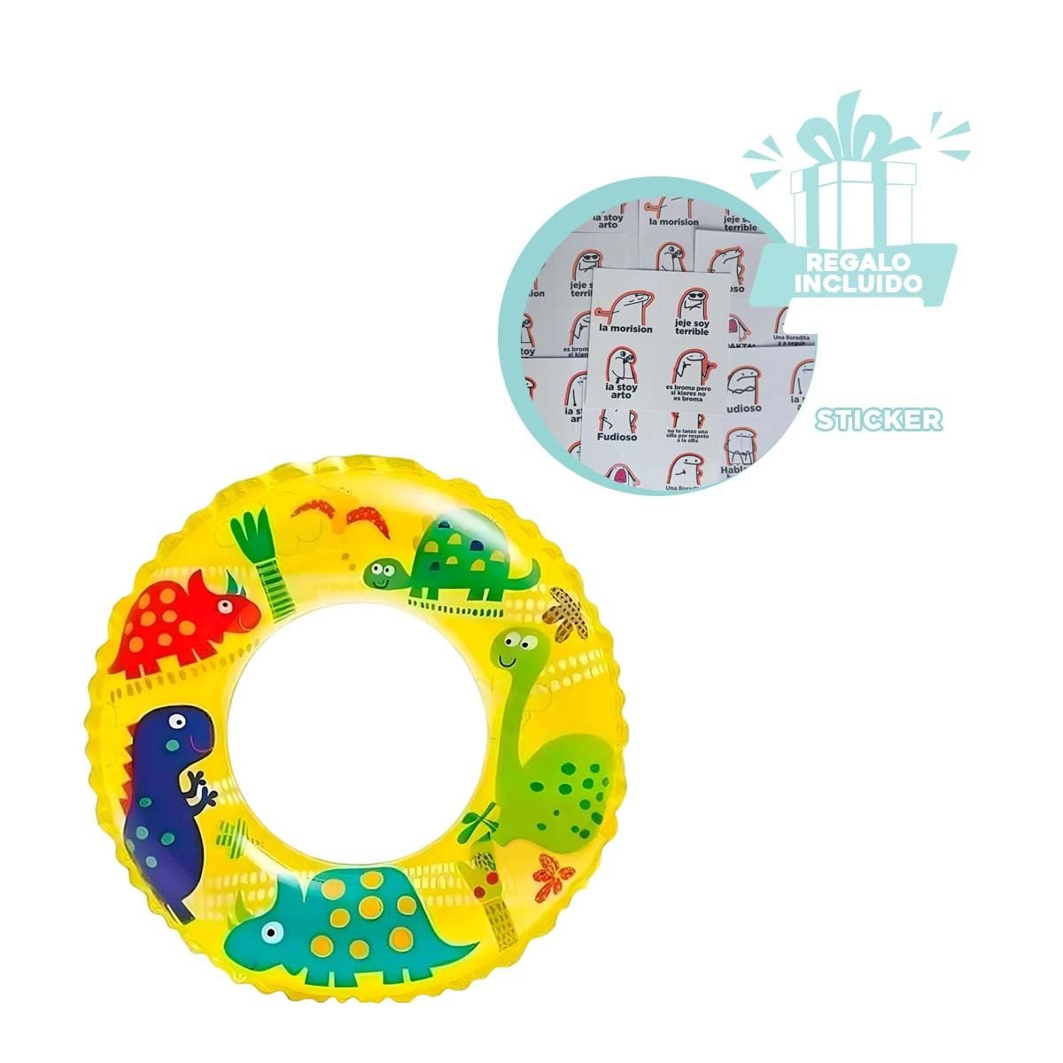 RUEDA INFLABLE AMARILLA DE 61 CM CON ESTILO DINOSAURIO PARA PISCINA EN CASA Y+REGALO STICKER - 1