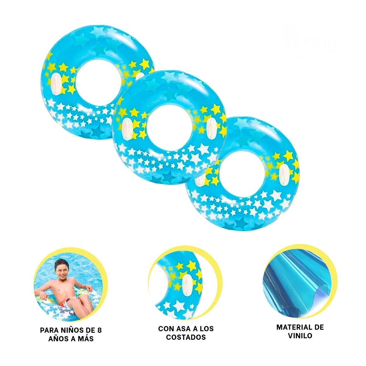FLOTADOR ARO 91 CM CELESTE CON ASA Y DIBUJOS DE ESTRELLA PARA PISCINA Y VERANO - 3