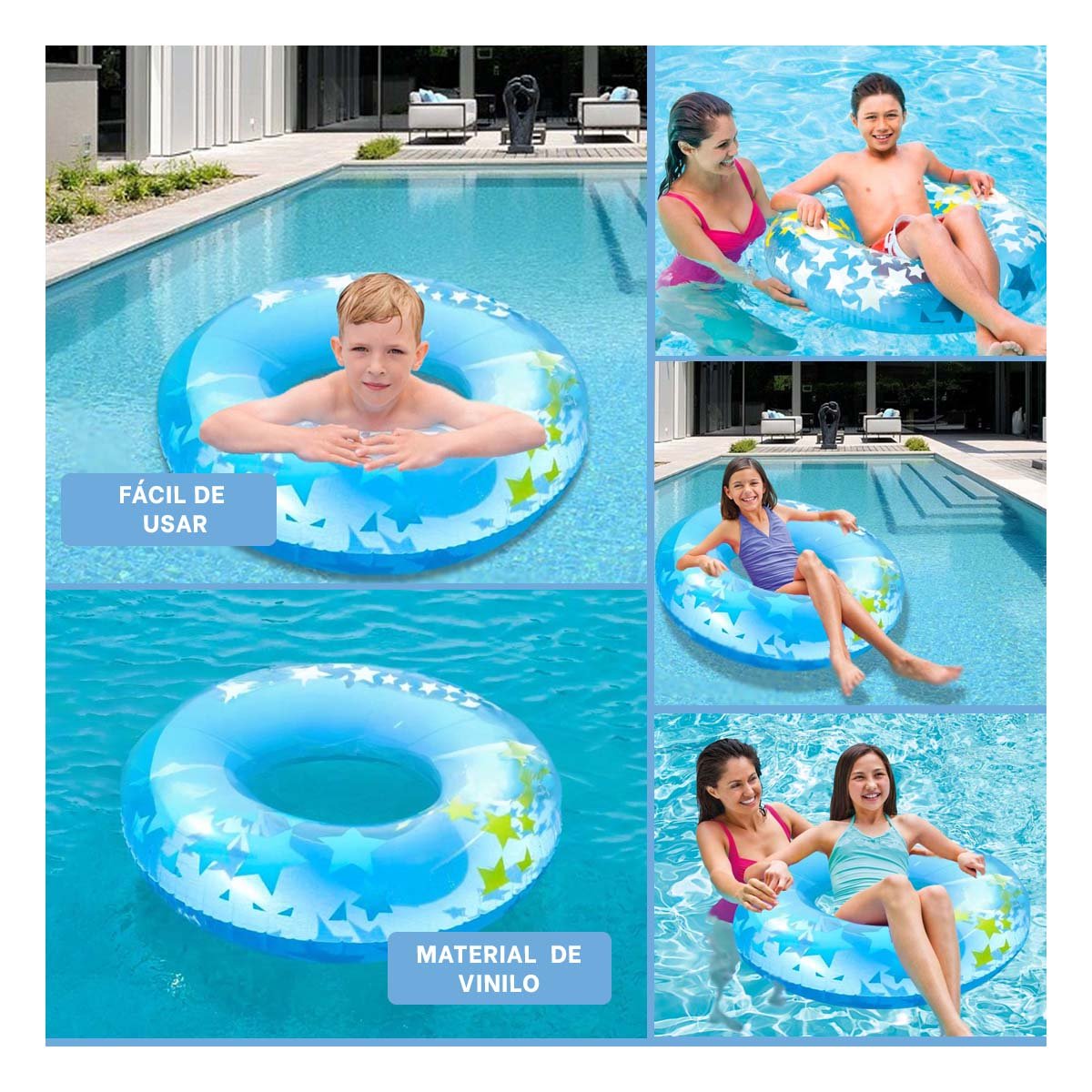 FLOTADOR ARO 91 CM CELESTE CON ASA Y DIBUJOS DE ESTRELLA PARA PISCINA Y VERANO - 5