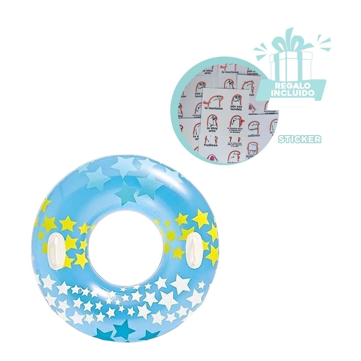 RUEDA INFLABLE CELESTE CON ASA Y DISENO DE ESTRELLA PARA PISCINA EN CASA Y+REGALO STICKER - 1