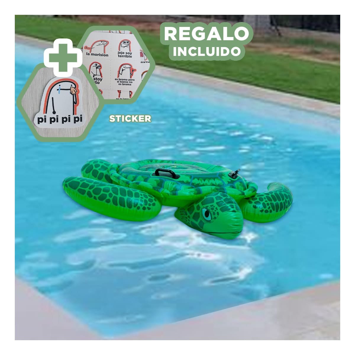 FLOTANTE ACUATICO TORTUGA VERDE 150 X 127 CM COMODO PARA JUEGOS Y+REGALO STICKER - 1