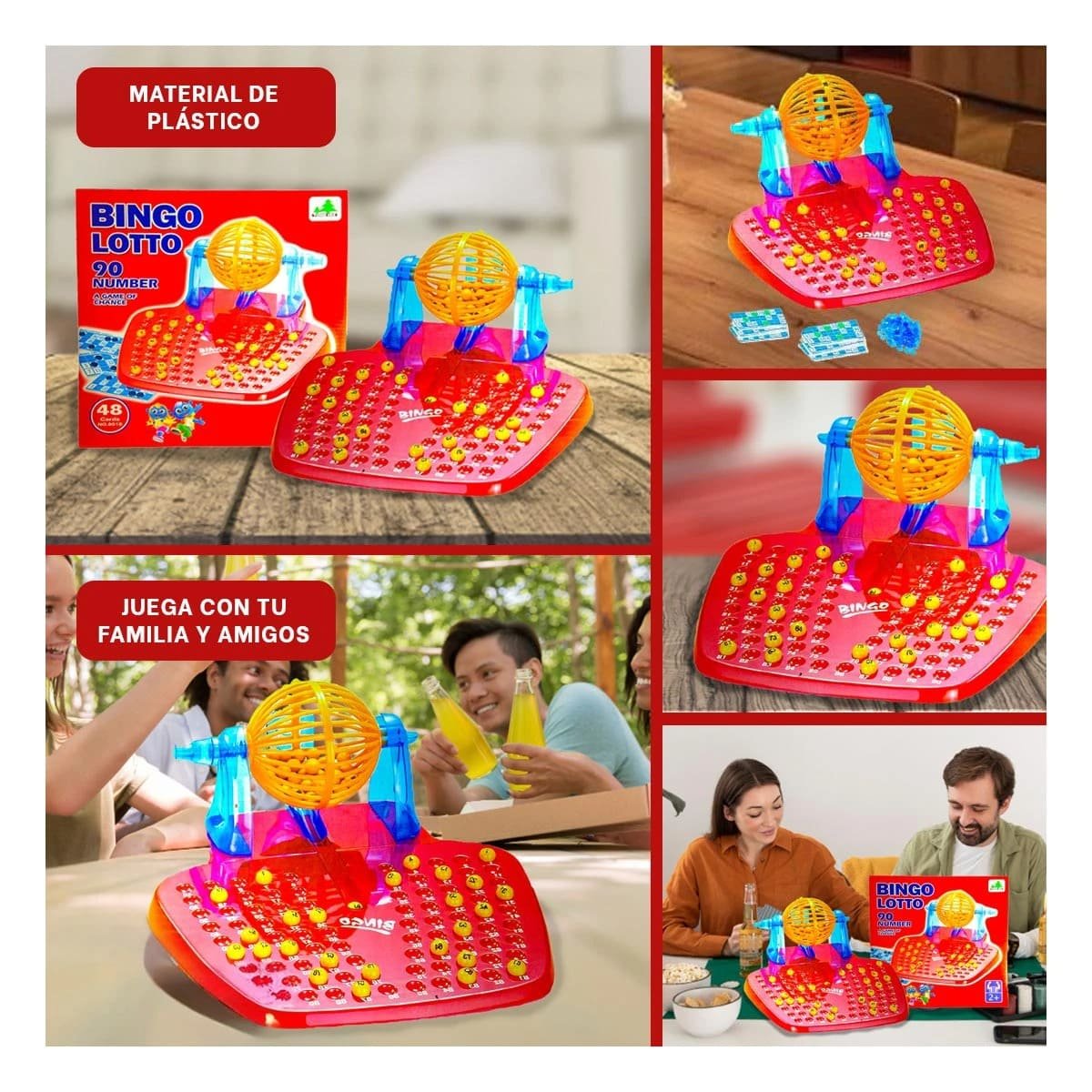 LOTERIA TRADICIONAL BINGO FAMILIAR 90 NUMEROS CON 48 CARTAS ROJO - 5