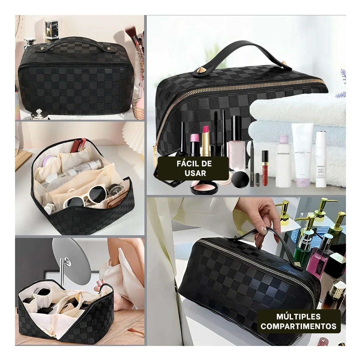 COSMETIQUERO NECESER RYBIU BE32445 NEGRO MAQUILLAJE DE CUADROS - 5