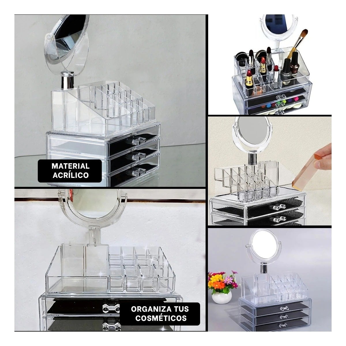 ORGANIZADOR ESCRITORIO RYBIU BE32337 TRANSPARENTE COSMETICOS CAJONES ESPEJO - 5